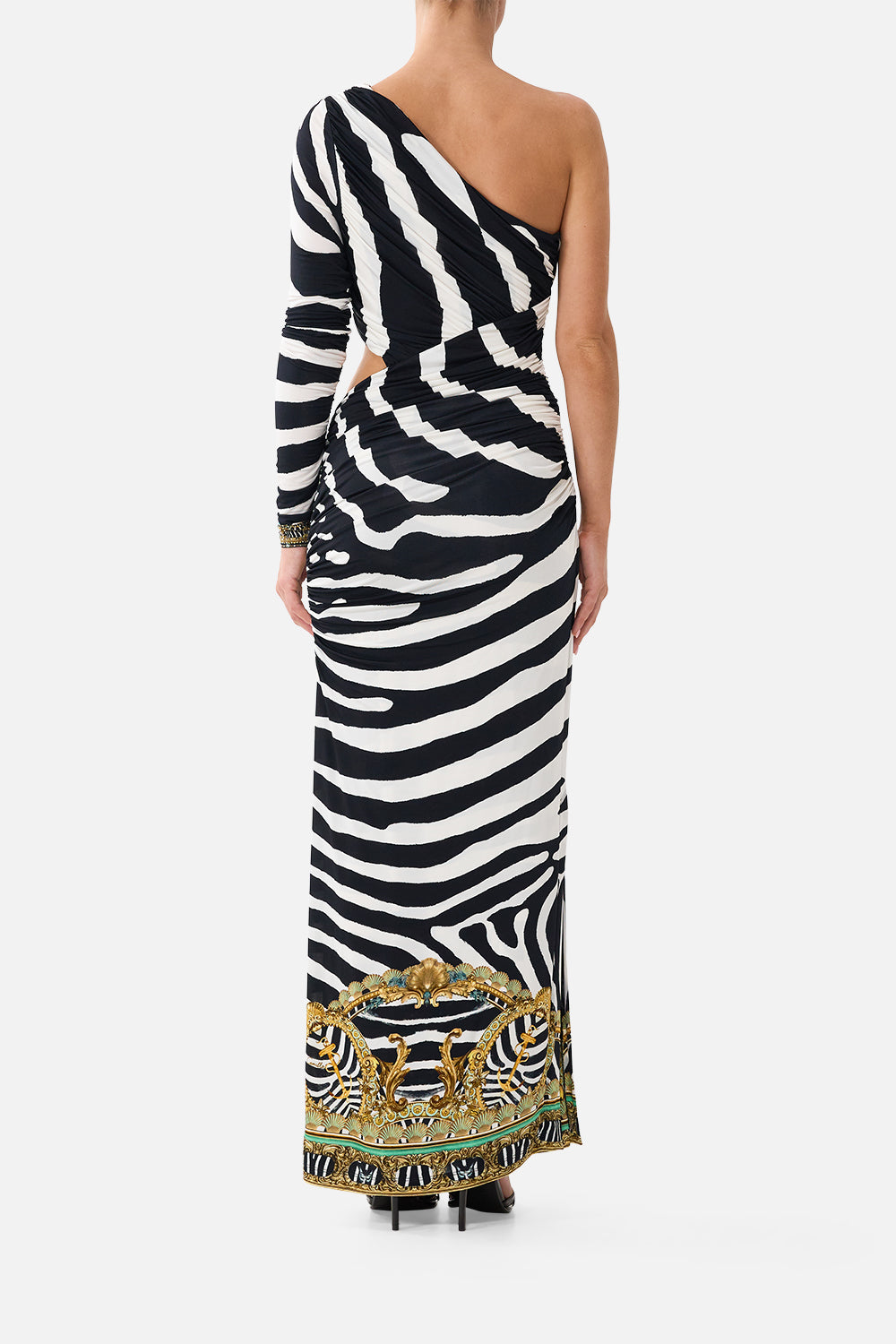 The CAMILLA One Shoulder Jersey Cut Out Dress in our Zig Zag Zoo print, back view on model.