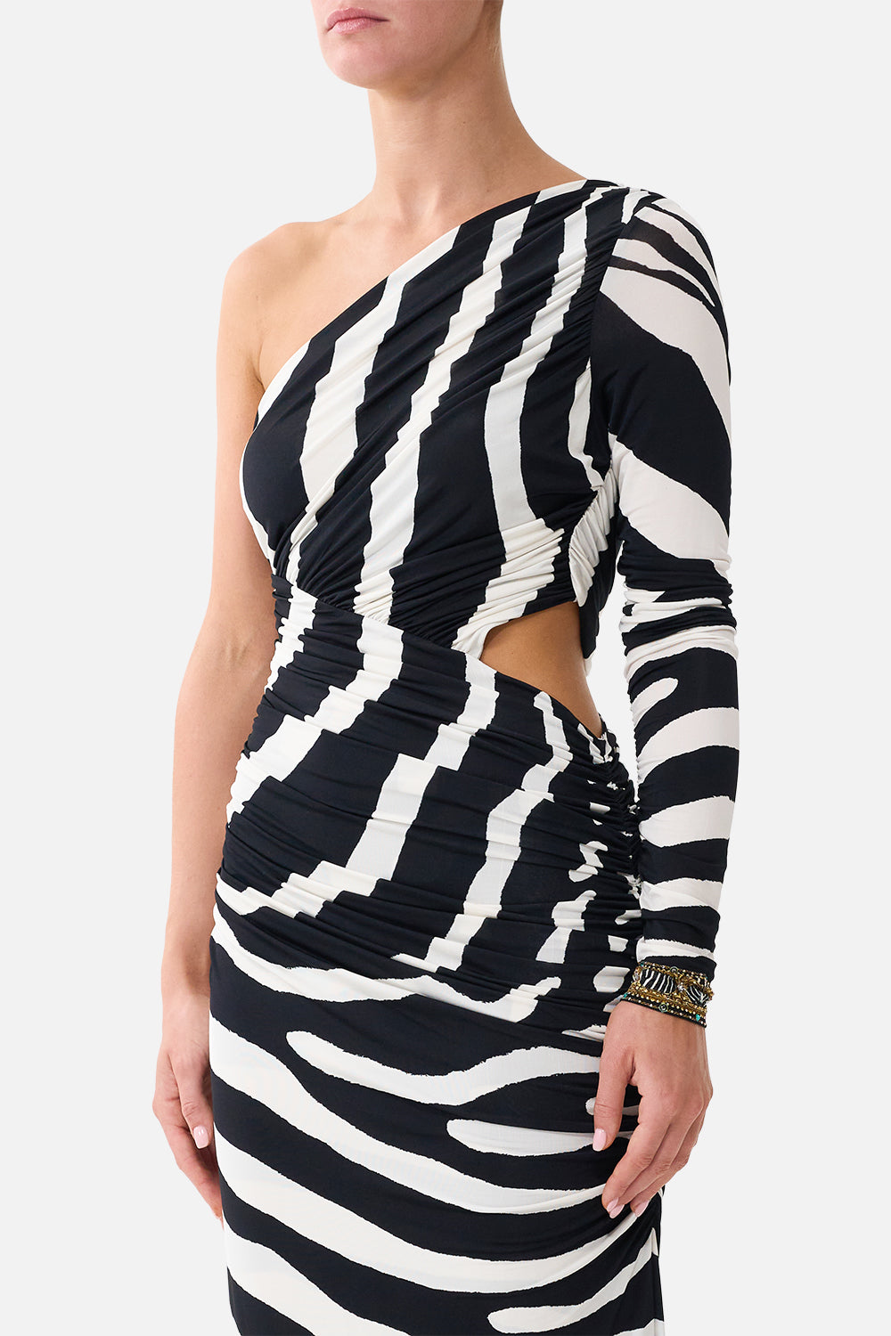 The CAMILLA One Shoulder Jersey Cut Out Dress in our Zig Zag Zoo print, detail view on model.