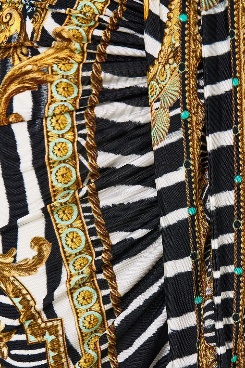 The CAMILLA Wrap Bodice Jersey Dress in our Zig Zag Zoo print, fabric detail.