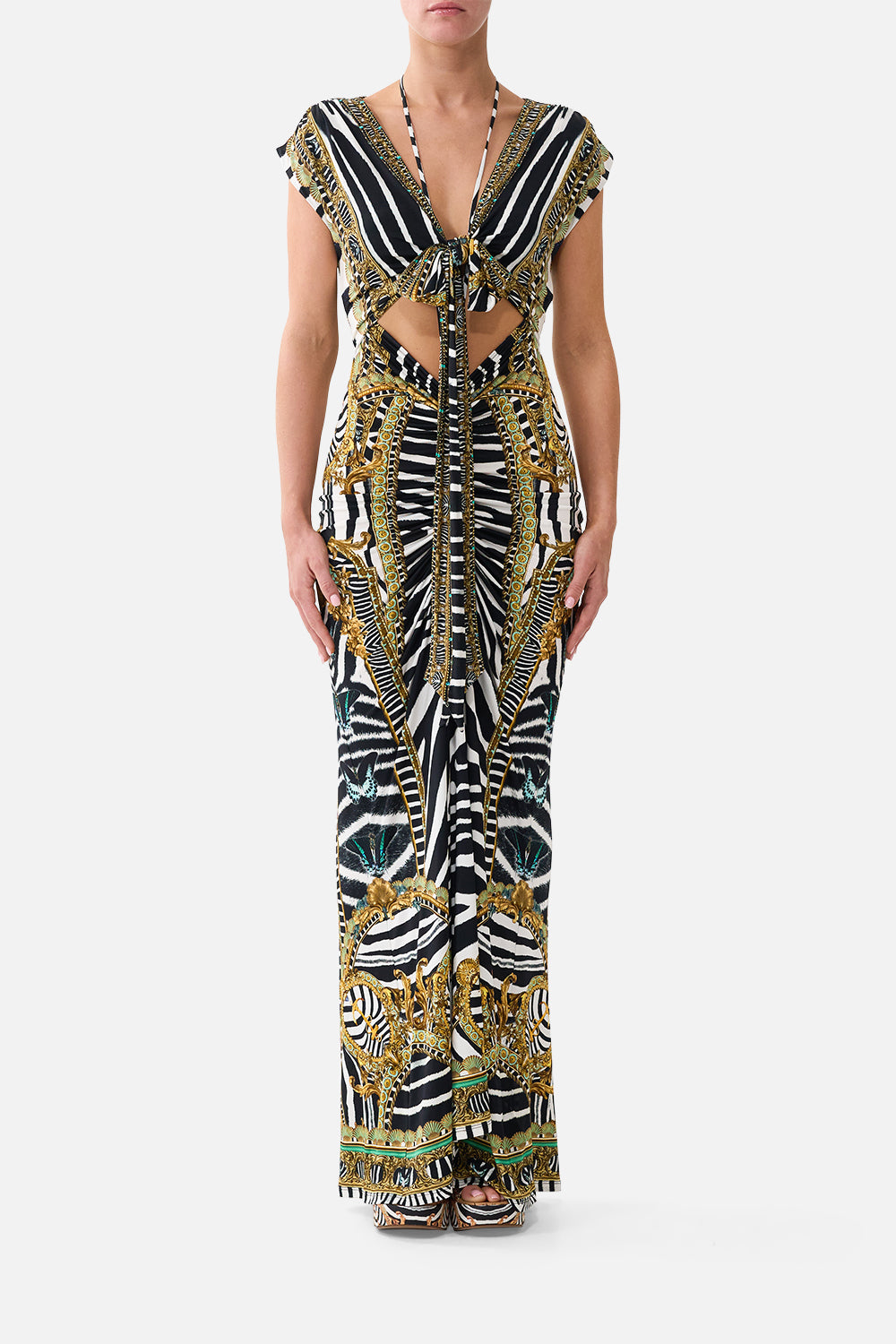 The CAMILLA Wrap Bodice Jersey Dress in our Zig Zag Zoo print, front view on model.