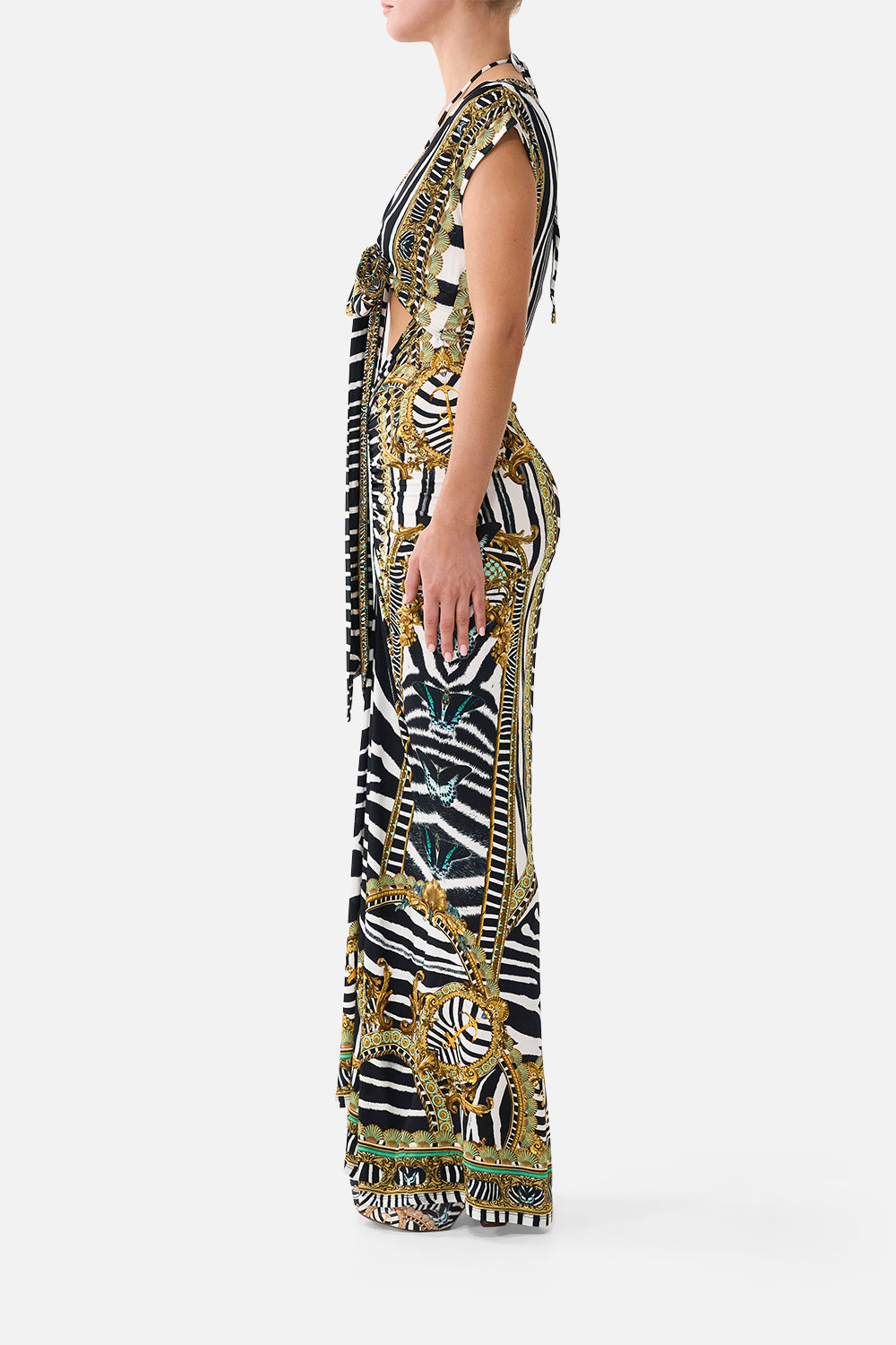 The CAMILLA Wrap Bodice Jersey Dress in our Zig Zag Zoo print, side view on model.