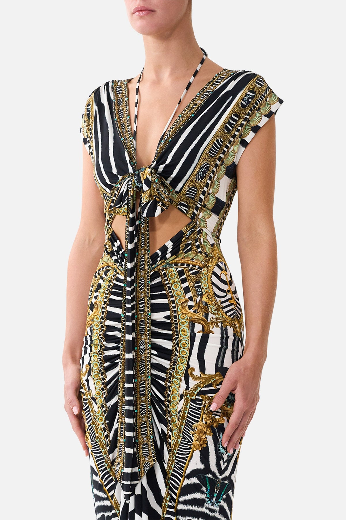 The CAMILLA Wrap Bodice Jersey Dress in our Zig Zag Zoo print, detail view on model.