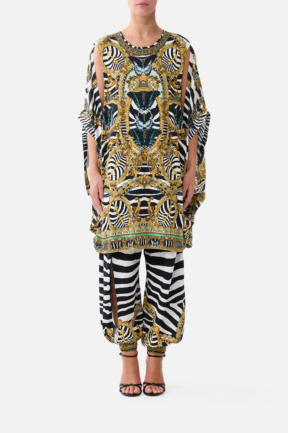 The CAMILLA Draped Split Sleeve Top in our Zig Zag Zoo print, front view on model.