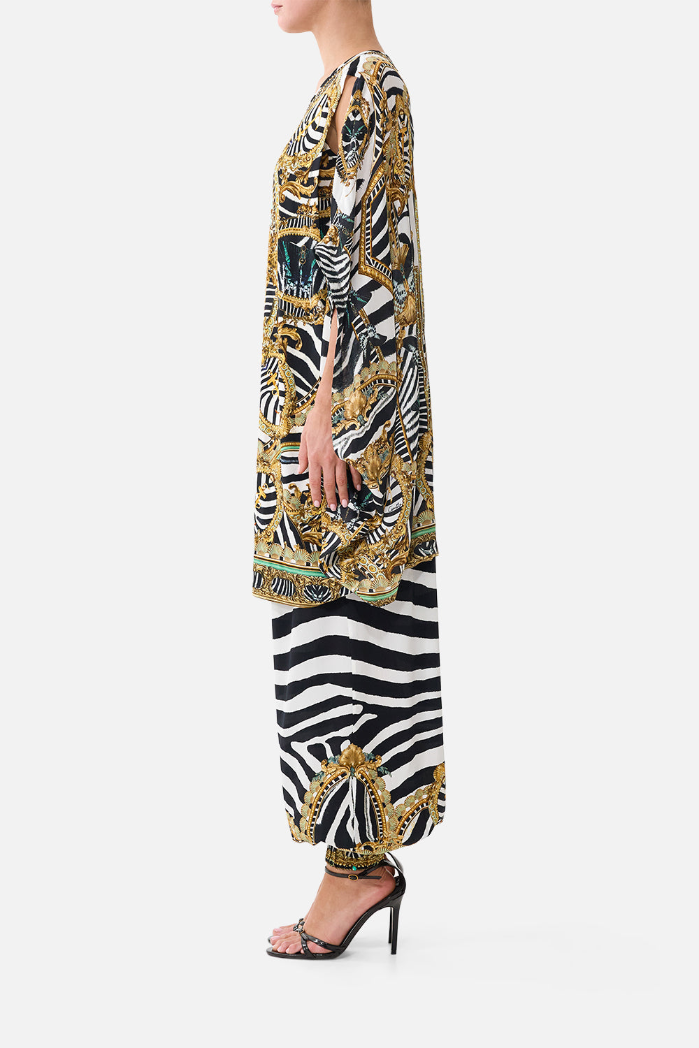 The CAMILLA Draped Split Sleeve Top in our Zig Zag Zoo print, side view on model.