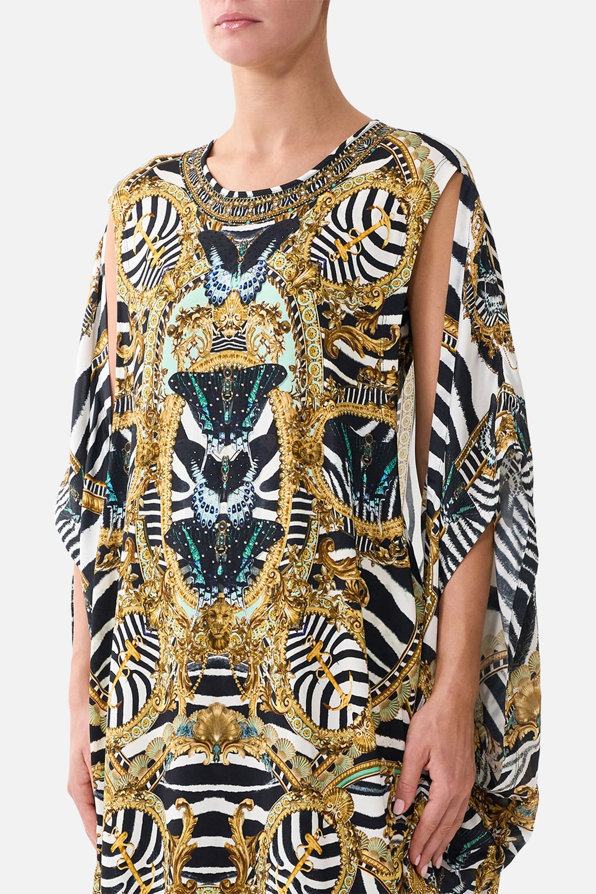 The CAMILLA Draped Split Sleeve Top in our Zig Zag Zoo print, detail view on model.