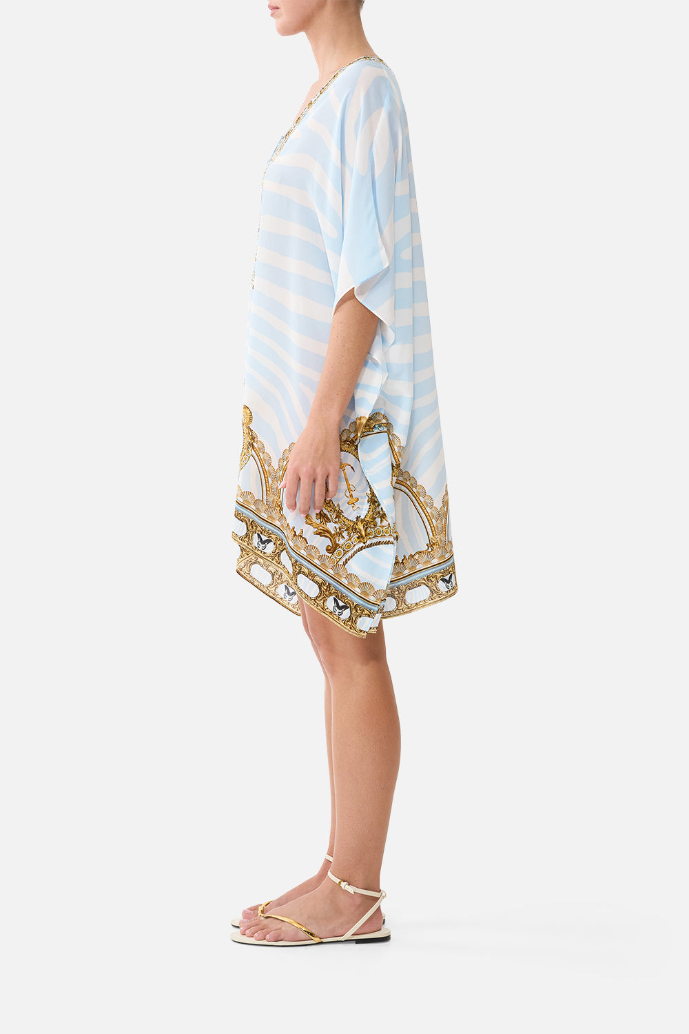The CAMILLA Short Lace Up Kaftan in our Spirit of Stripes print, side view on model.