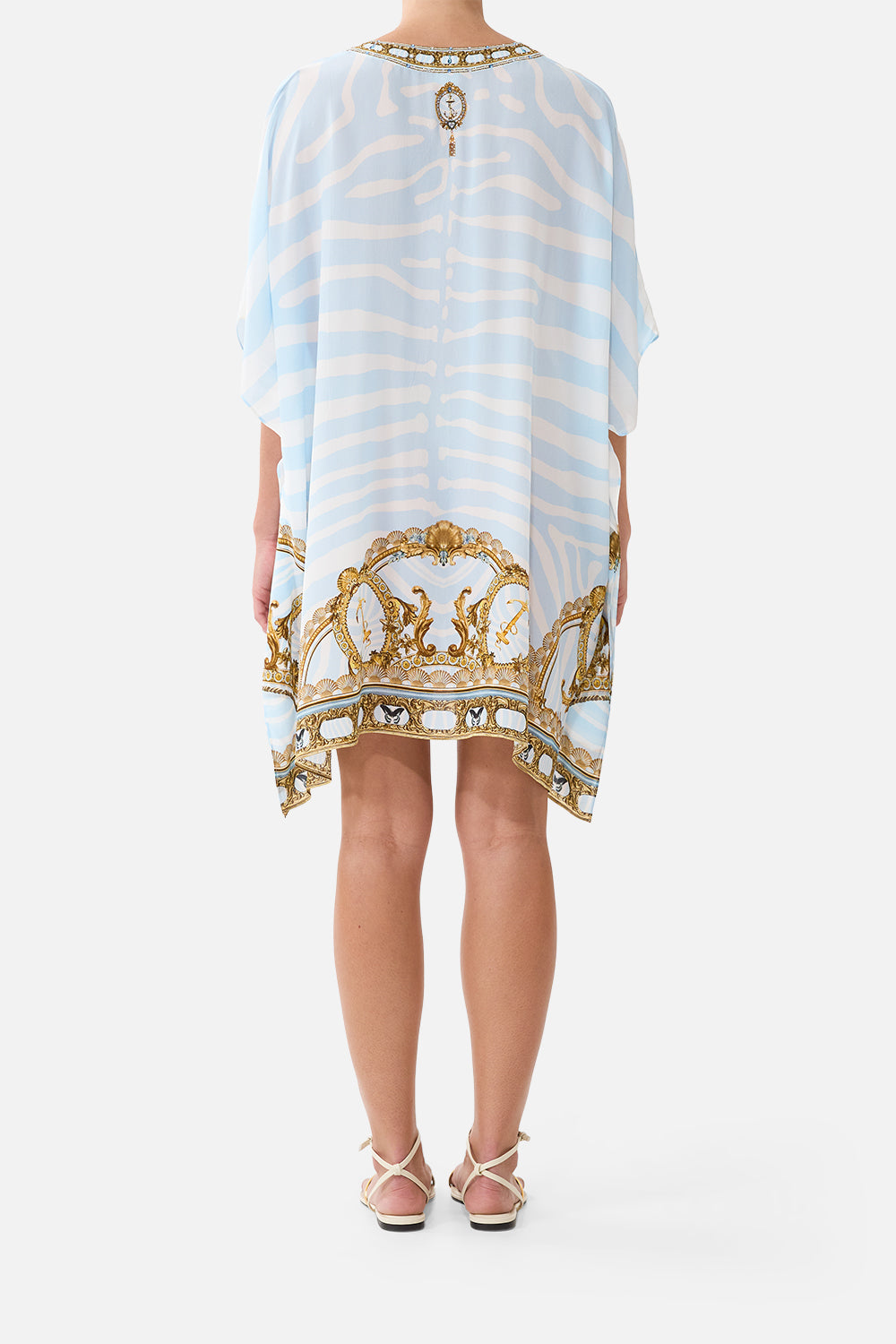 The CAMILLA Short Lace Up Kaftan in our Spirit of Stripes print, back view on model.