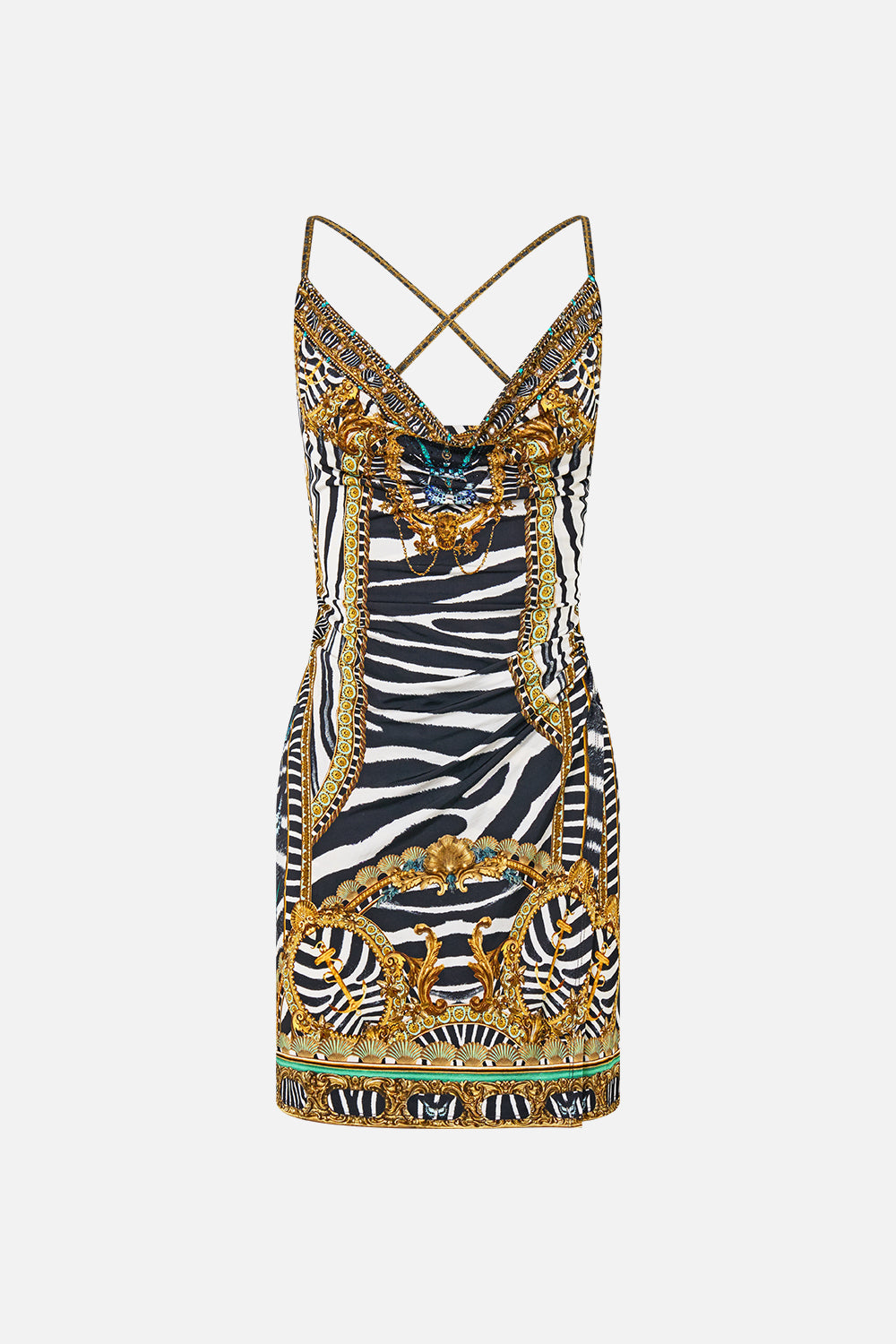 The CAMILLA Drape Jersey Mini Dress in our Zig Zag Zoo print, front view.