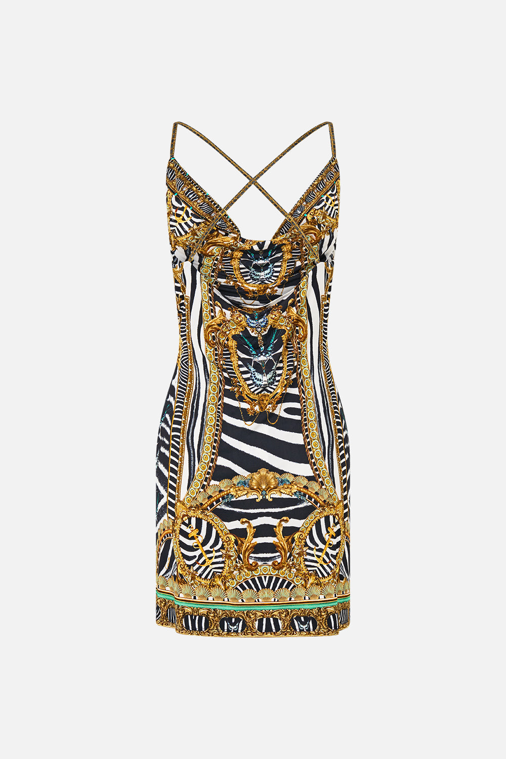The CAMILLA Drape Jersey Mini Dress in Print Zig Zag Zoo. Ghost View Back