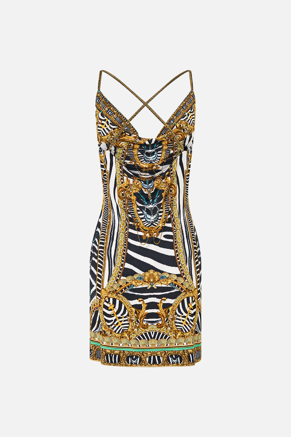 The CAMILLA Drape Jersey Mini Dress in our Zig Zag Zoo print, back view.