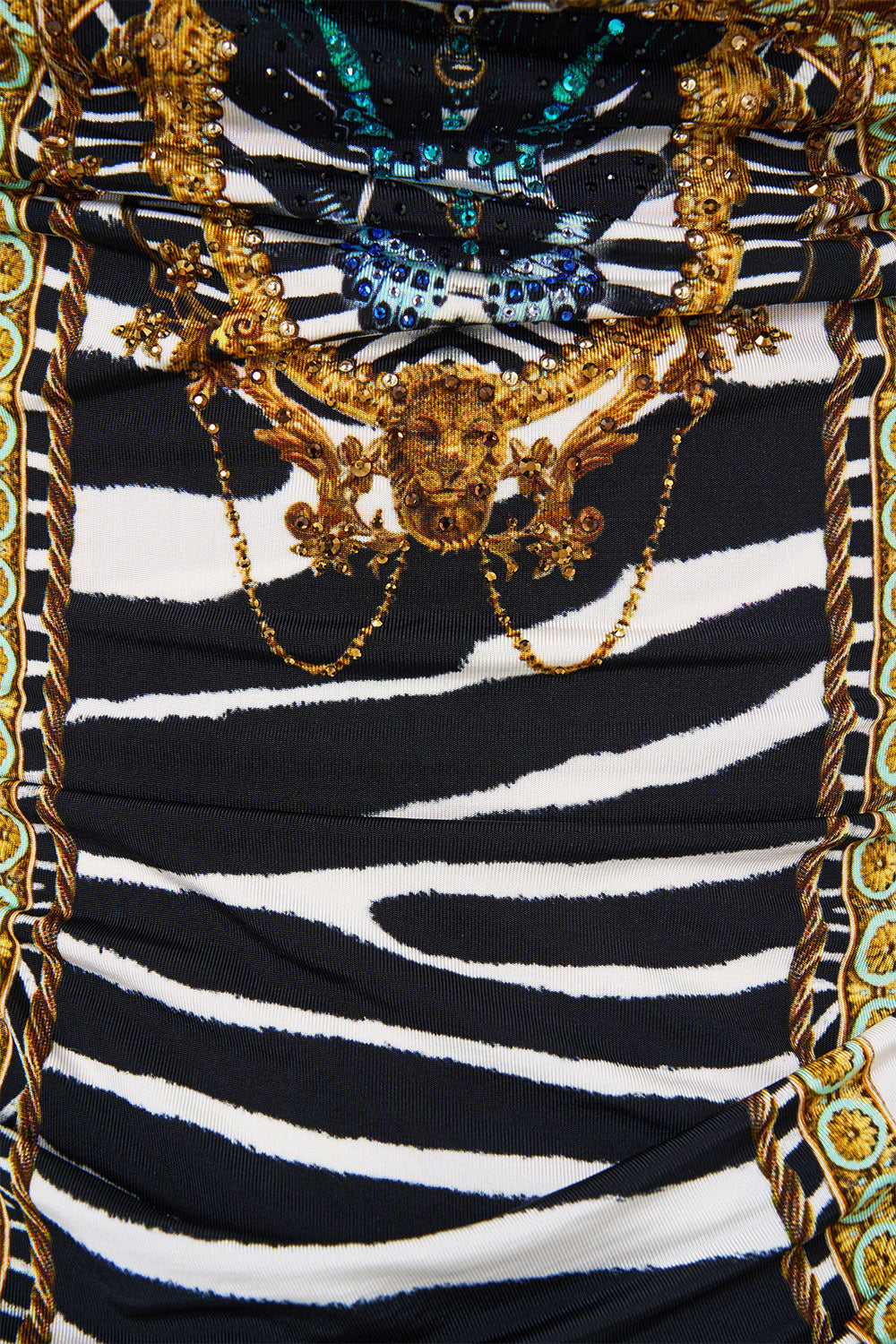 The CAMILLA Drape Jersey Mini Dress in our Zig Zag Zoo print, fabric detail.