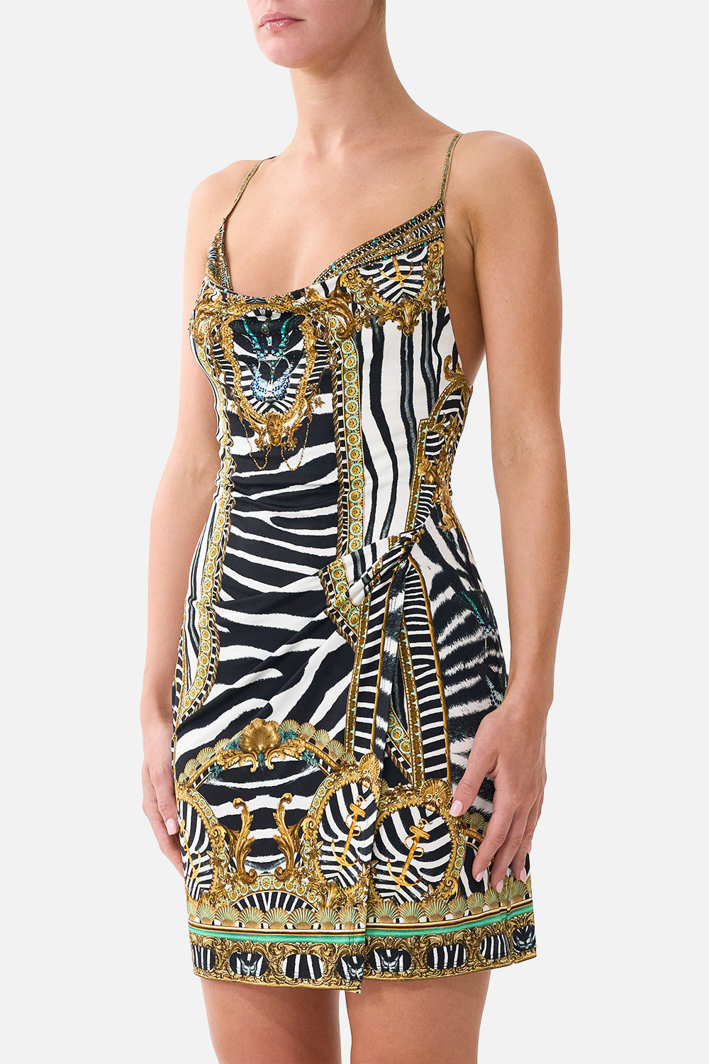 The CAMILLA Drape Jersey Mini Dress in Print Zig Zag Zoo. Model View