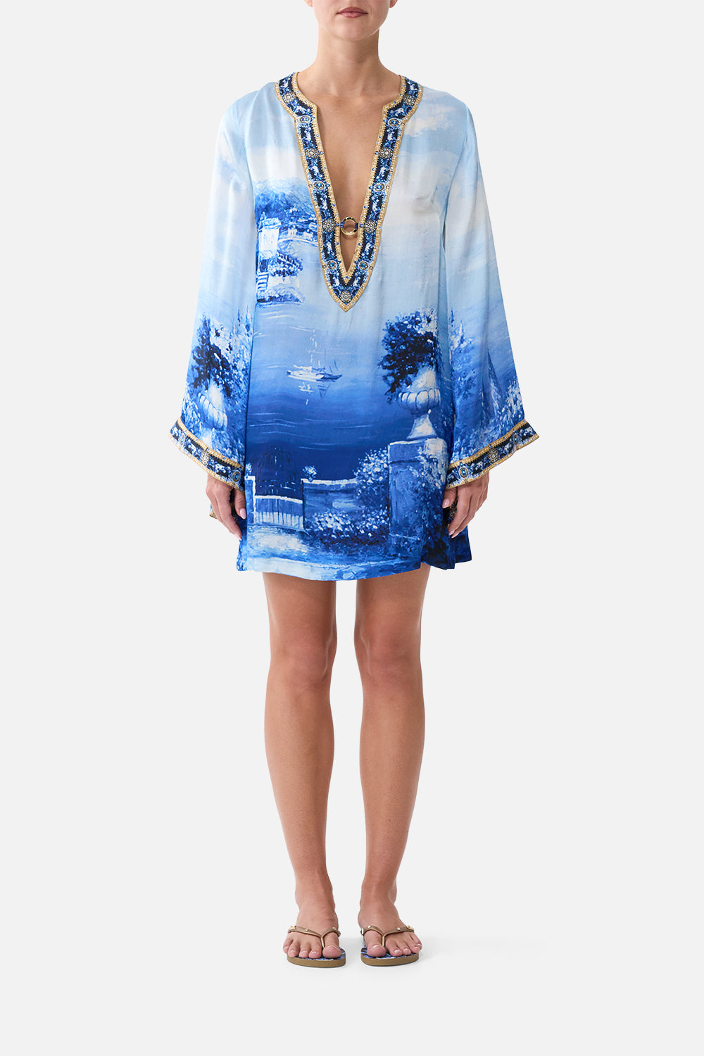 The Sweet Sacre Bleu Deep V Neck Hardware Short Kaftan