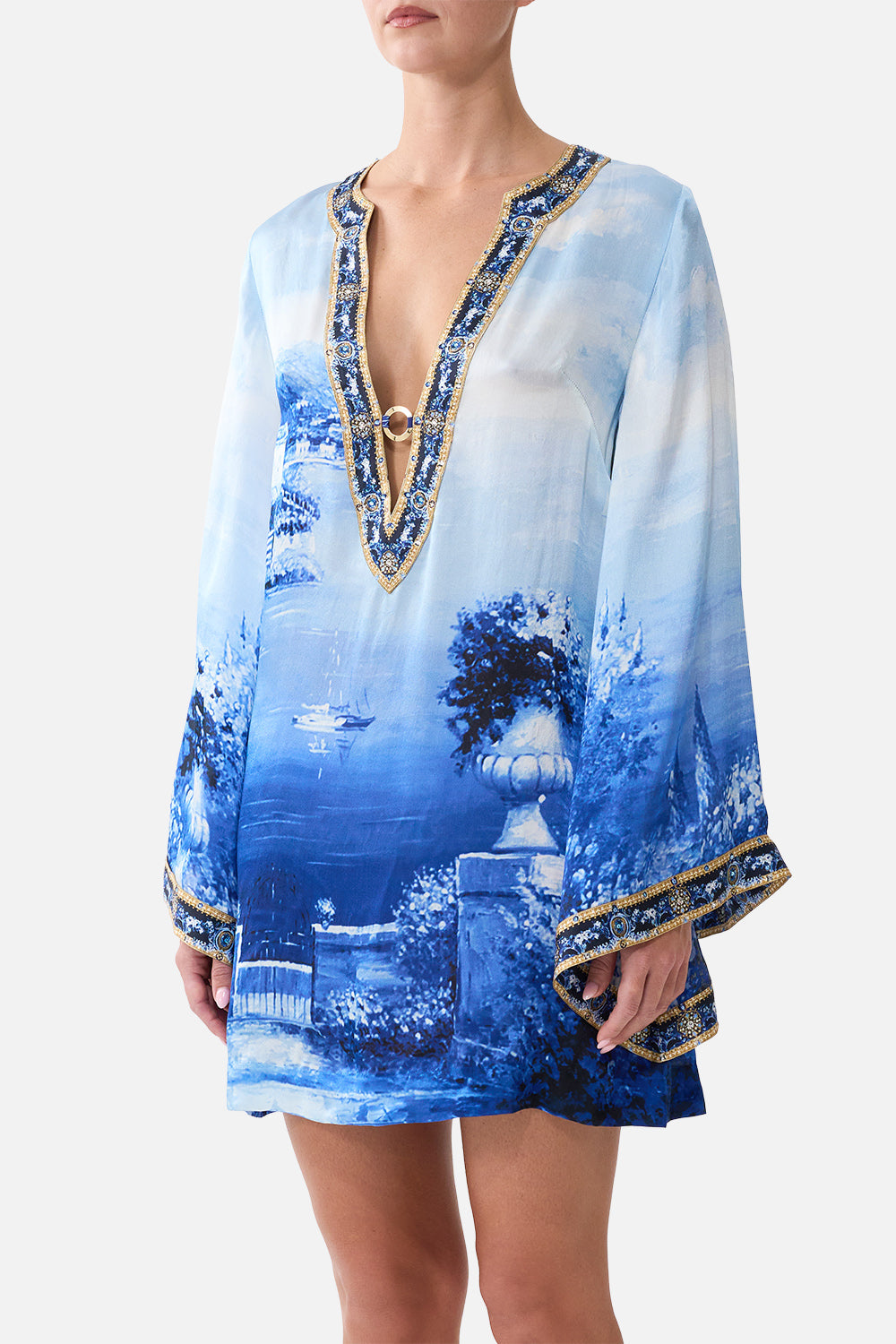 The Sweet Sacre Bleu Deep V Neck Hardware Short Kaftan