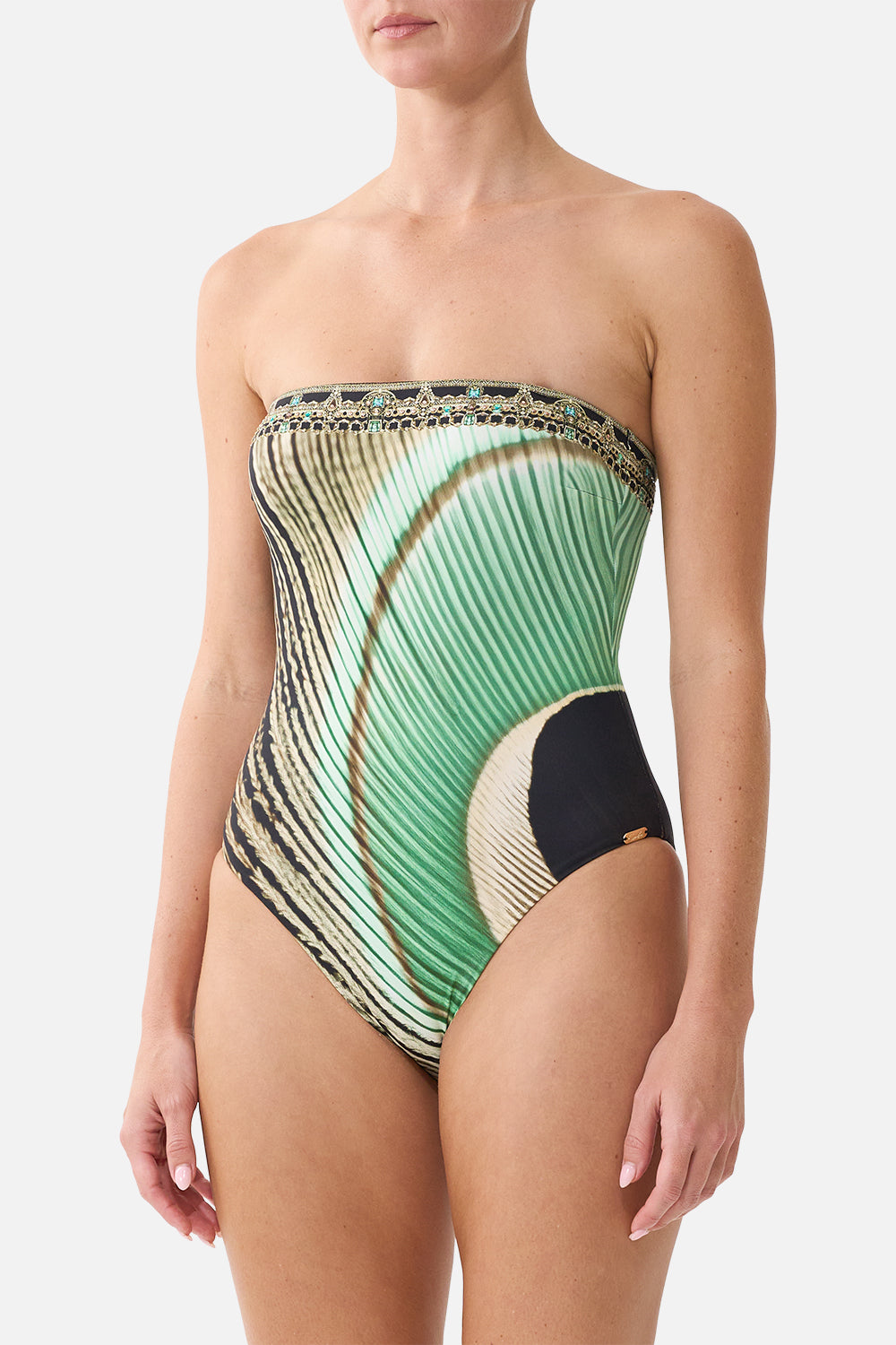 The CAMILLA Bandeau One Piece W Removable Straps in our A Wink to the Wild print, detail view on model.
