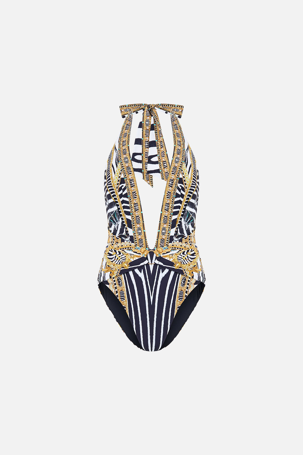 The CAMILLA Plunge Halter One Piece W Pleated Waist Trim in our Zig Zag Zoo print, front view.