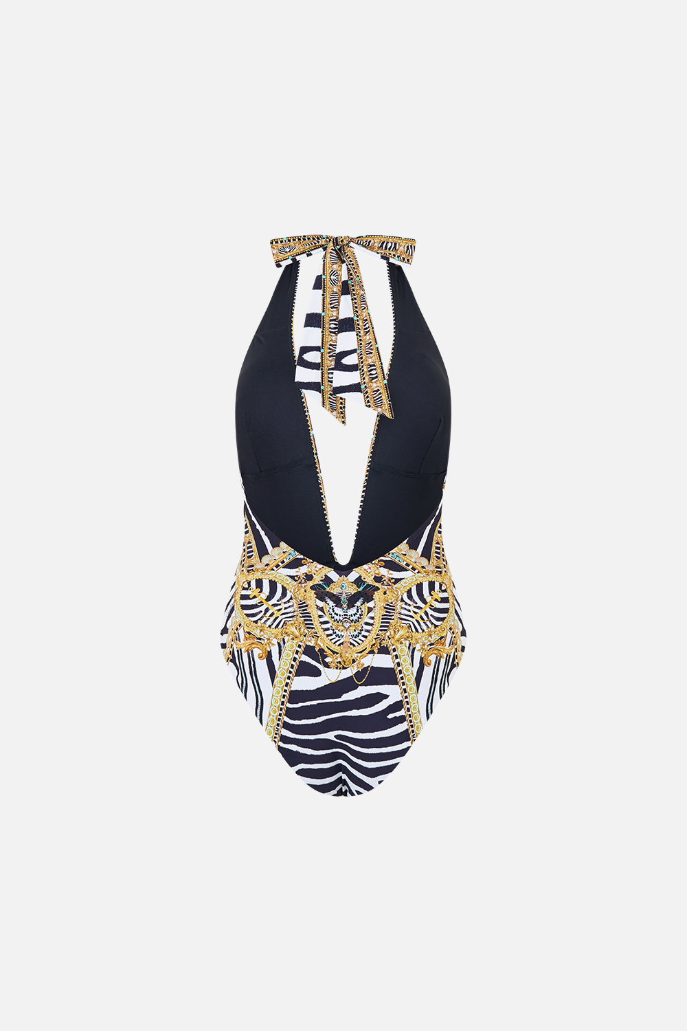 The CAMILLA Plunge Halter One Piece W Pleated Waist Trim in our Zig Zag Zoo print, back view.