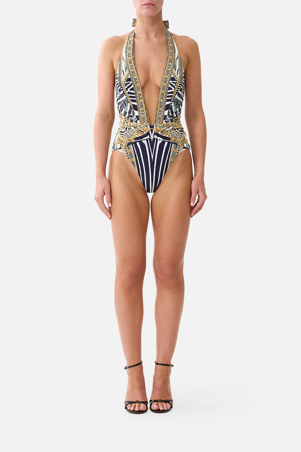 The CAMILLA Plunge Halter One Piece W Pleated Waist Trim in our Zig Zag Zoo print, front view on model.