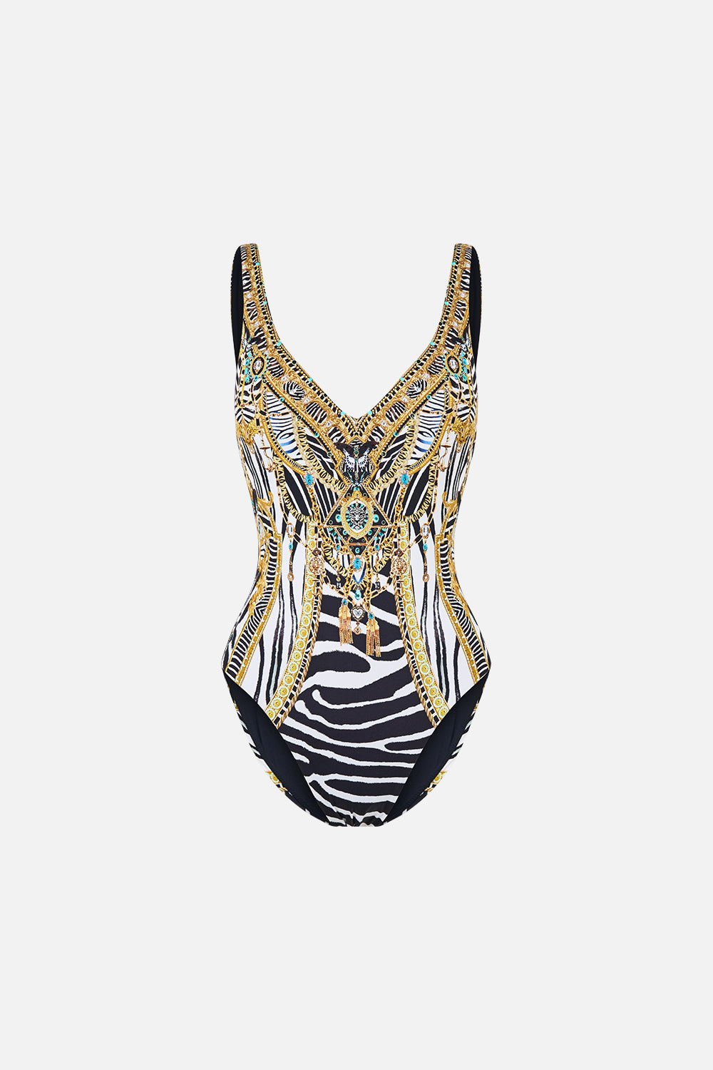 The CAMILLA V Neck One Piece W V Back in our Zig Zag Zoo print, front view.