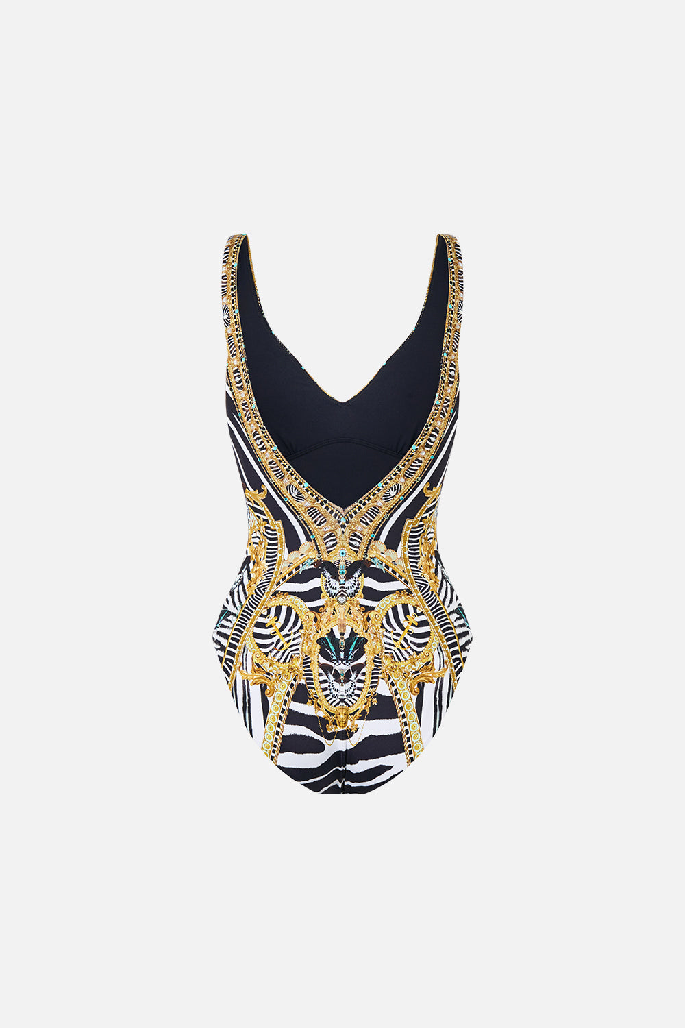 The CAMILLA V Neck One Piece W V Back in our Zig Zag Zoo print, back view.