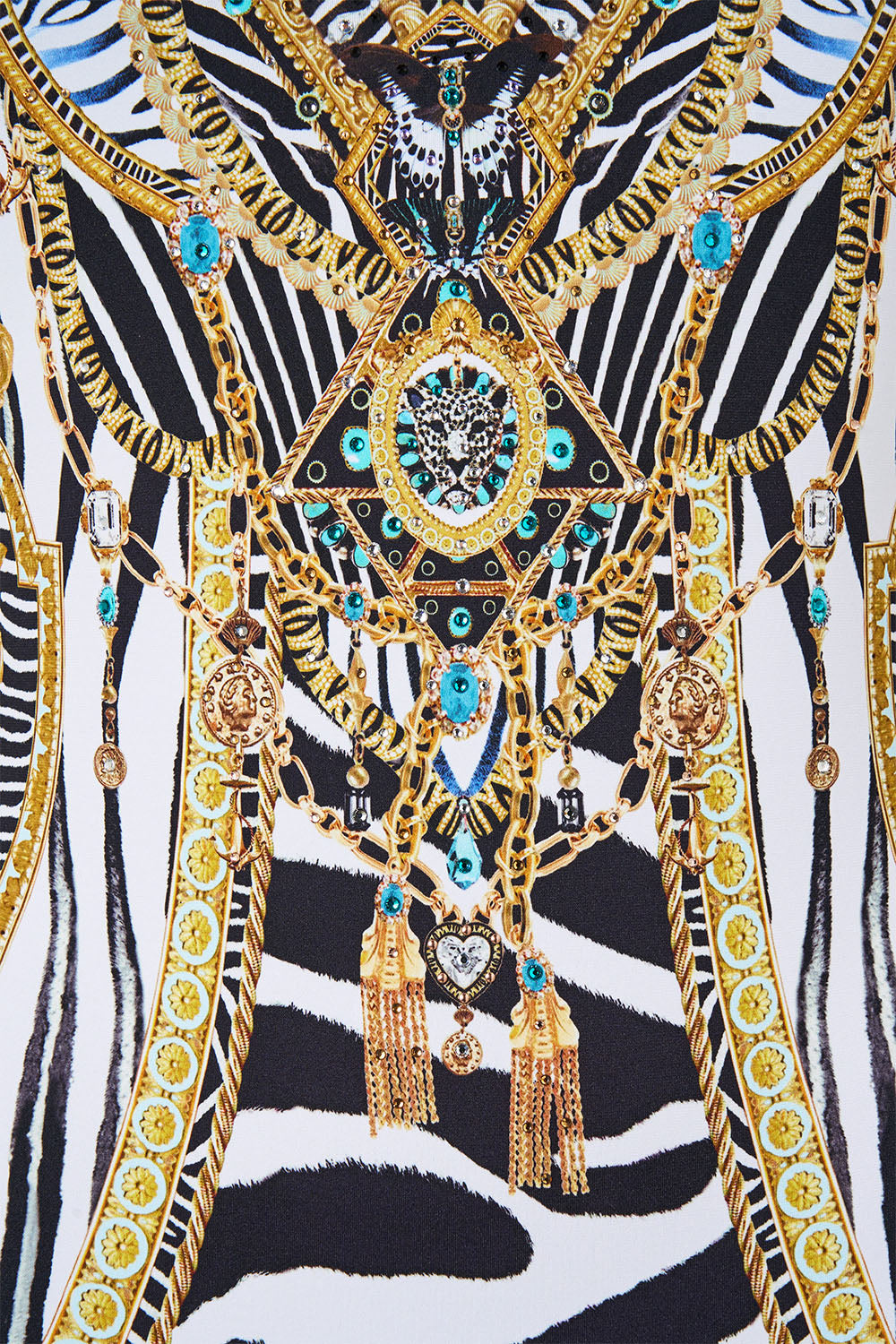 The CAMILLA V Neck One Piece W V Back in our Zig Zag Zoo print, fabric detail.