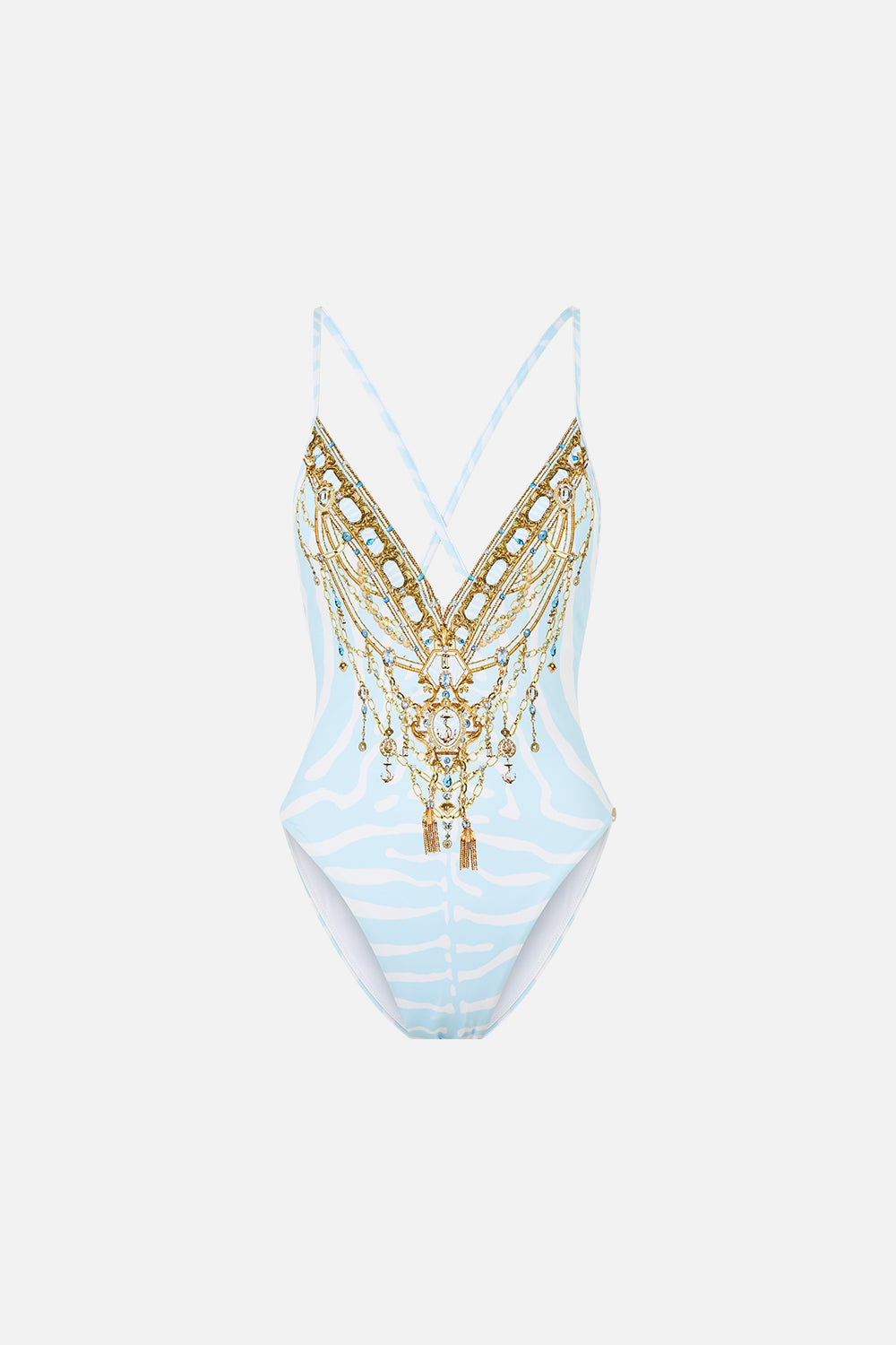 The CAMILLA Padded V-Neck Cross Back One Piece in Print Spirit of Stripes. Ghost View Front