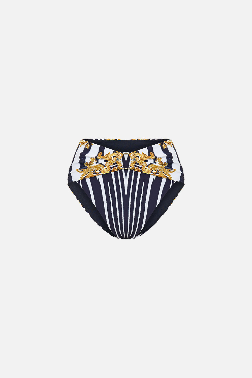 The CAMILLA High Waist Bikini Bottom W Pleat Waist Trim in our Zig Zag Zoo print, front view.