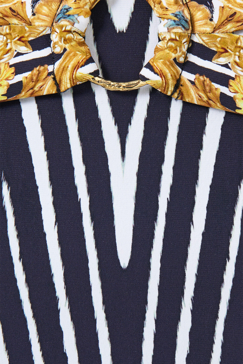 The CAMILLA High Waist Bikini Bottom W Pleat Waist Trim in our Zig Zag Zoo print, fabric detail.