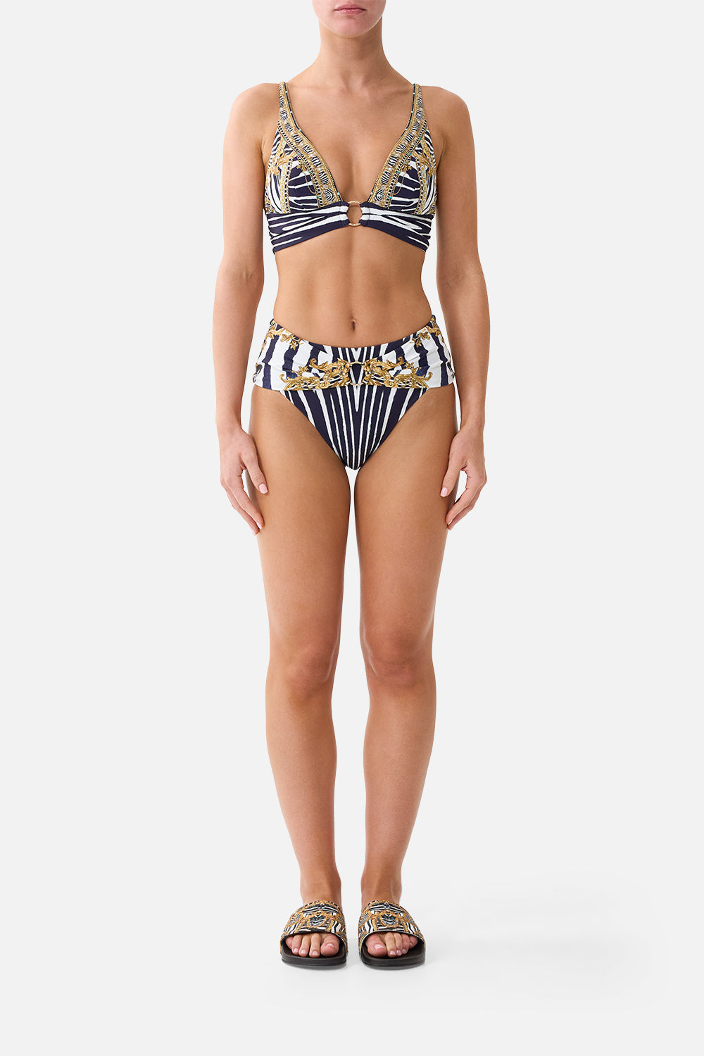 The CAMILLA High Waist Bikini Bottom W Pleat Waist Trim in our Zig Zag Zoo print, front view on model.
