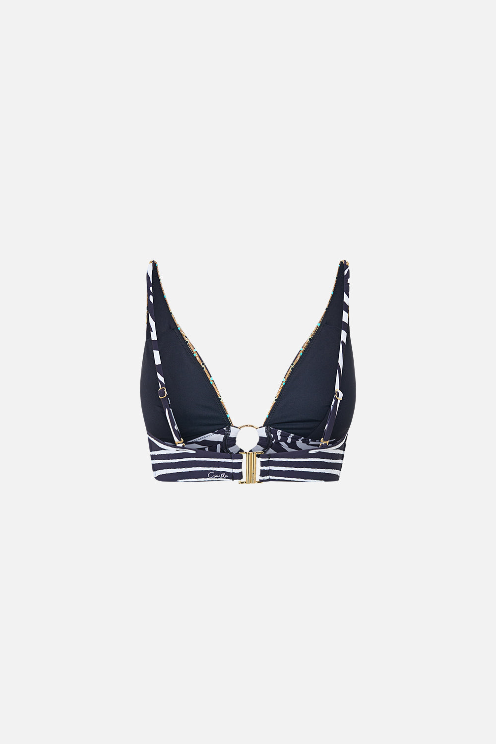 The CAMILLA Pleated High Tri Bikini Top W Front Trim in our Zig Zag Zoo print, back view.