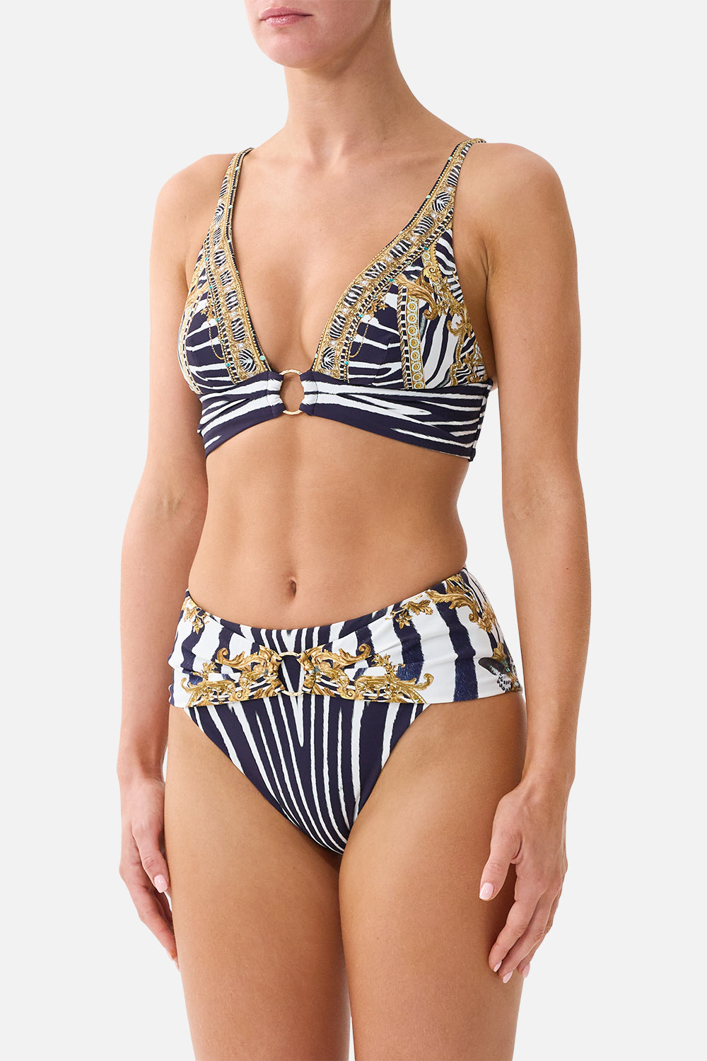 The CAMILLA Pleated High Tri Bikini Top W Front Trim in our Zig Zag Zoo print, detail view on model.