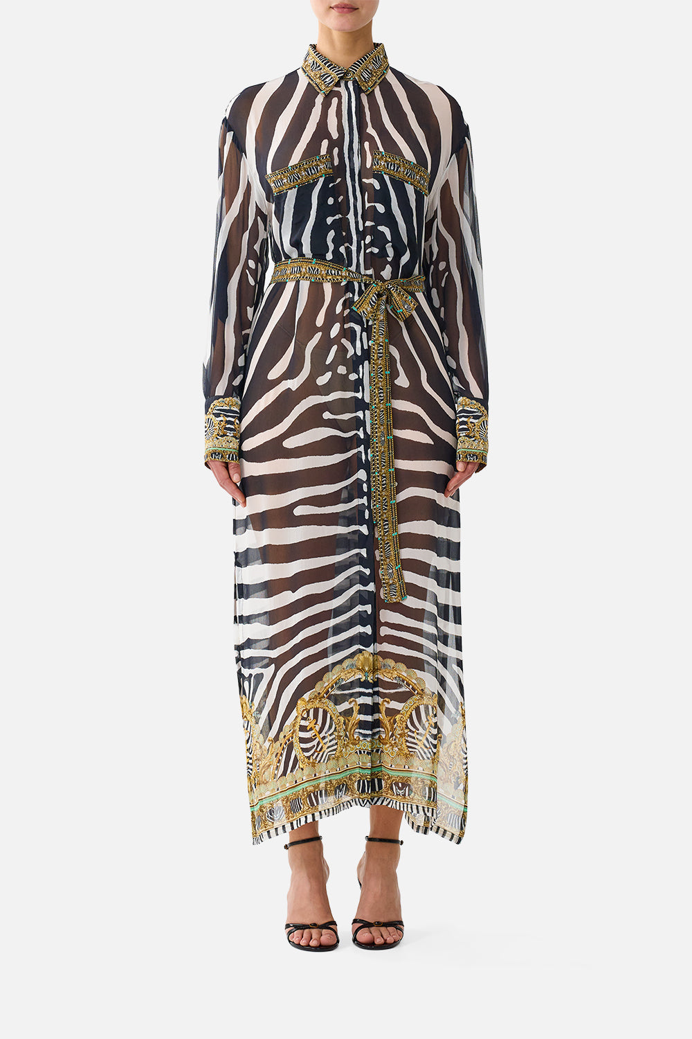 The CAMILLA Button Front Long Dress in Print Zig Zag Zoo. Model View
