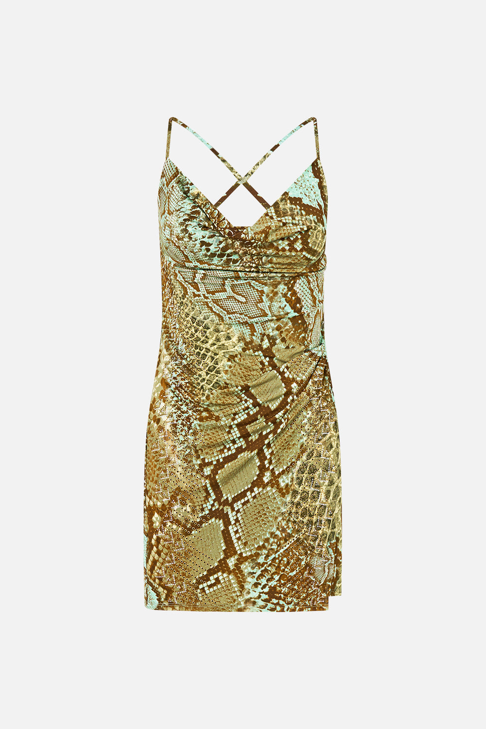 The CAMILLA Drape Jersey Mini Dress in Print My Sweet Serpentine. Ghost View Front