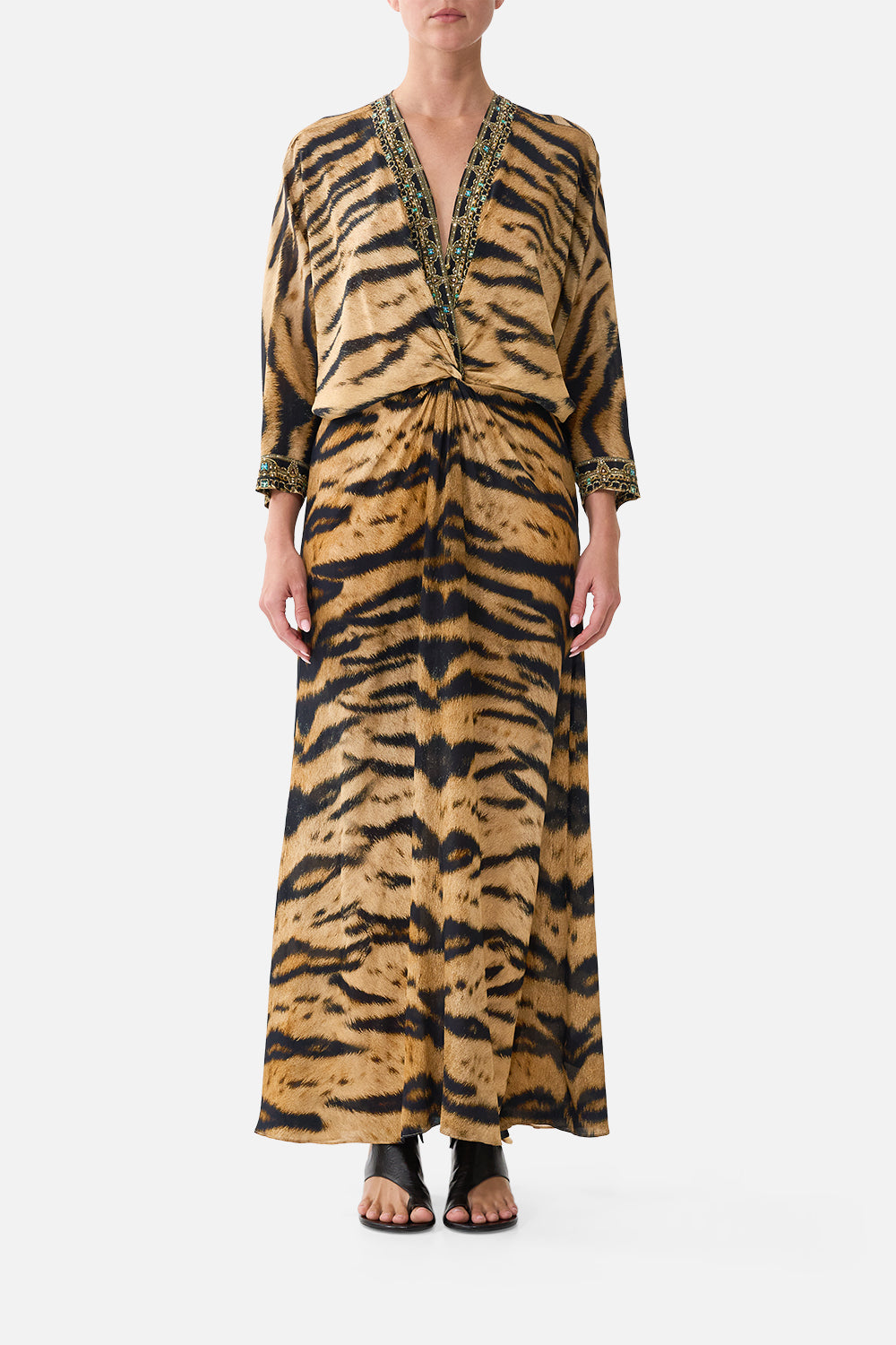 The CAMILLA Twist Front Batwing Dress in our A Wink to the Wild print, front view on model.