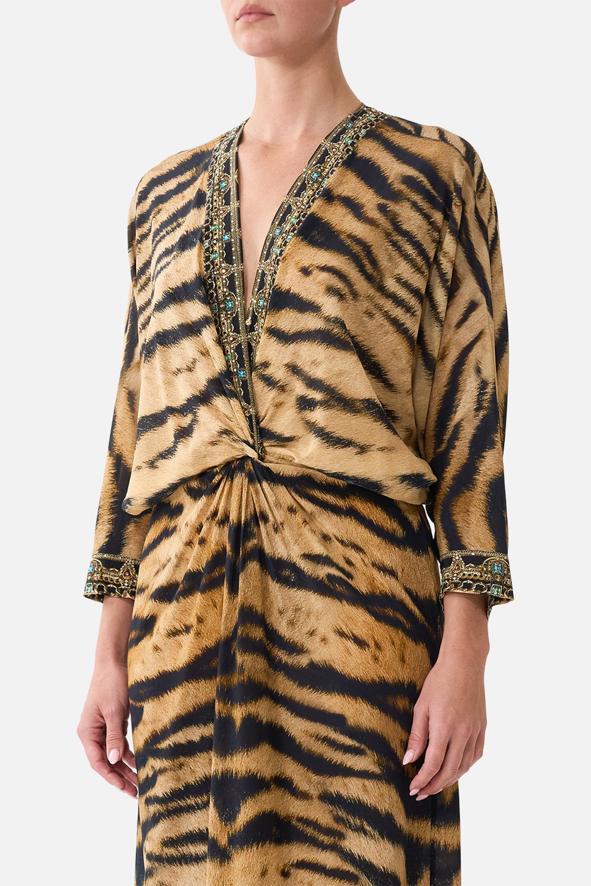 The CAMILLA Twist Front Batwing Dress in our A Wink to the Wild print, detail view on model.