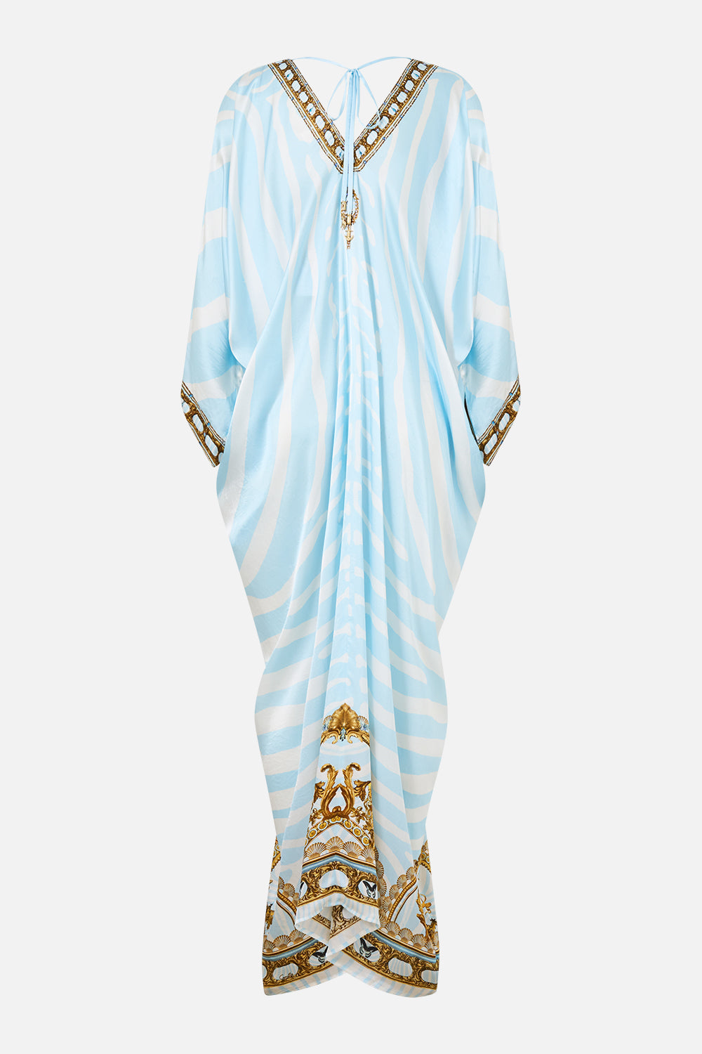 The CAMILLA Long Draped Kaftan in our Spirit of Stripes print, back view.