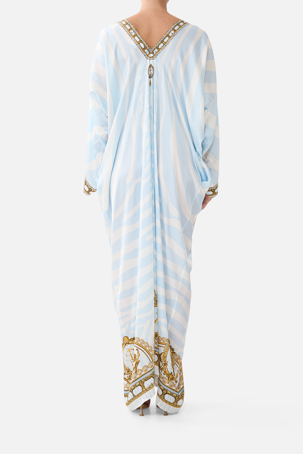 The CAMILLA Long Draped Kaftan in our Spirit of Stripes print, back view on model.