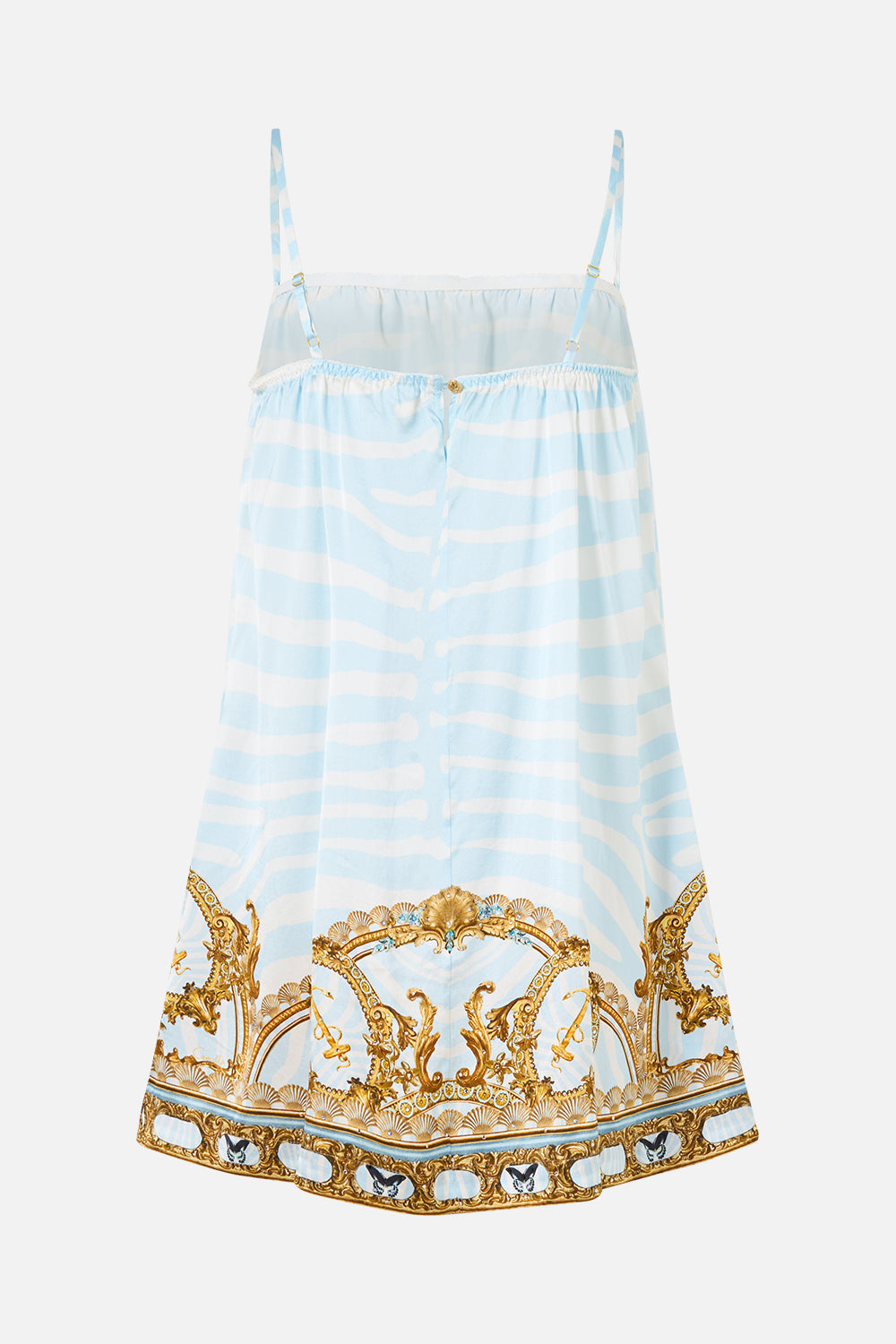 The CAMILLA Square Neck Short Slip Dress in our Spirit of Stripes print, back view.
