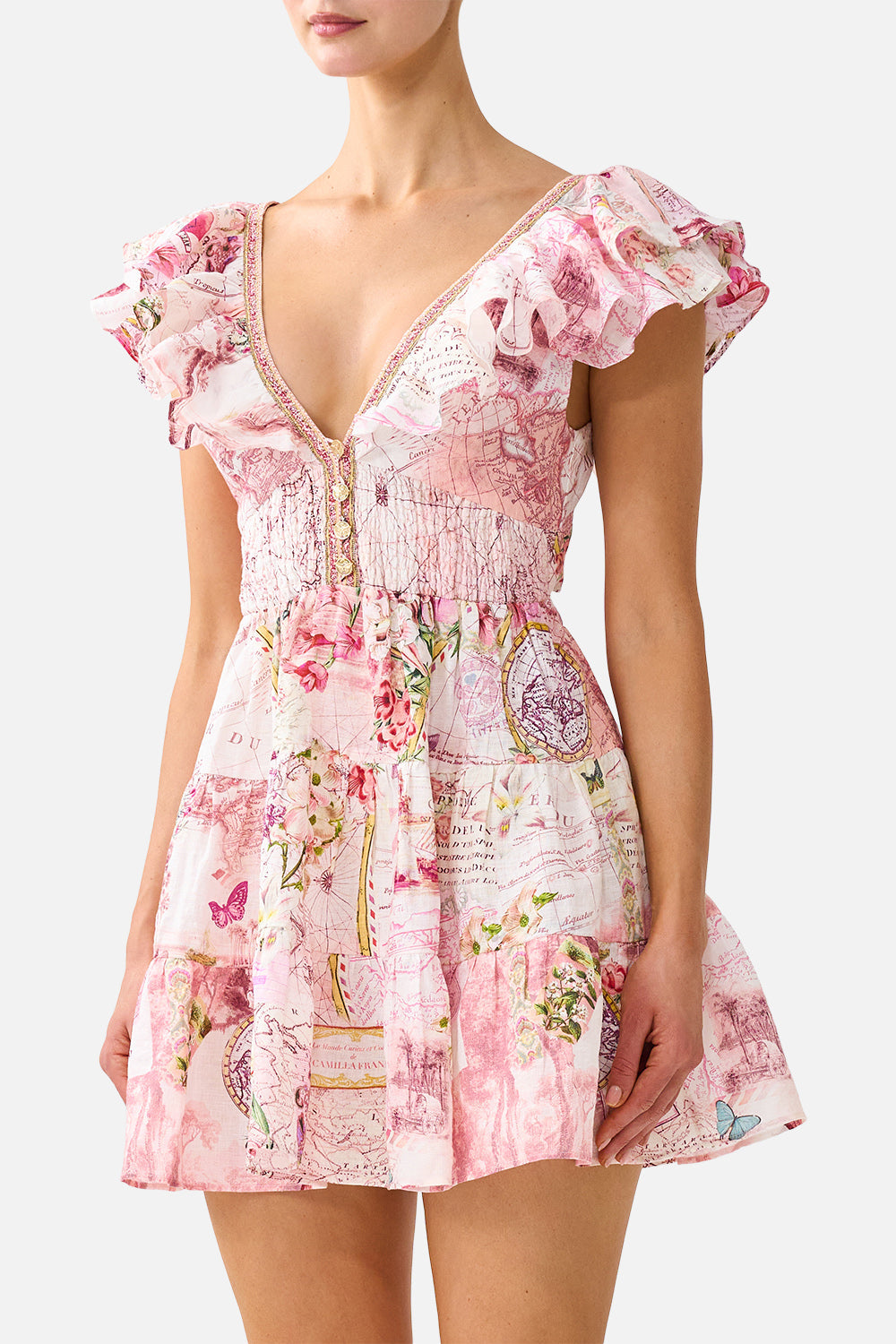 TIERED SHORT DRESS WITH NECK FRILL JOURNAL DE VOYAGE