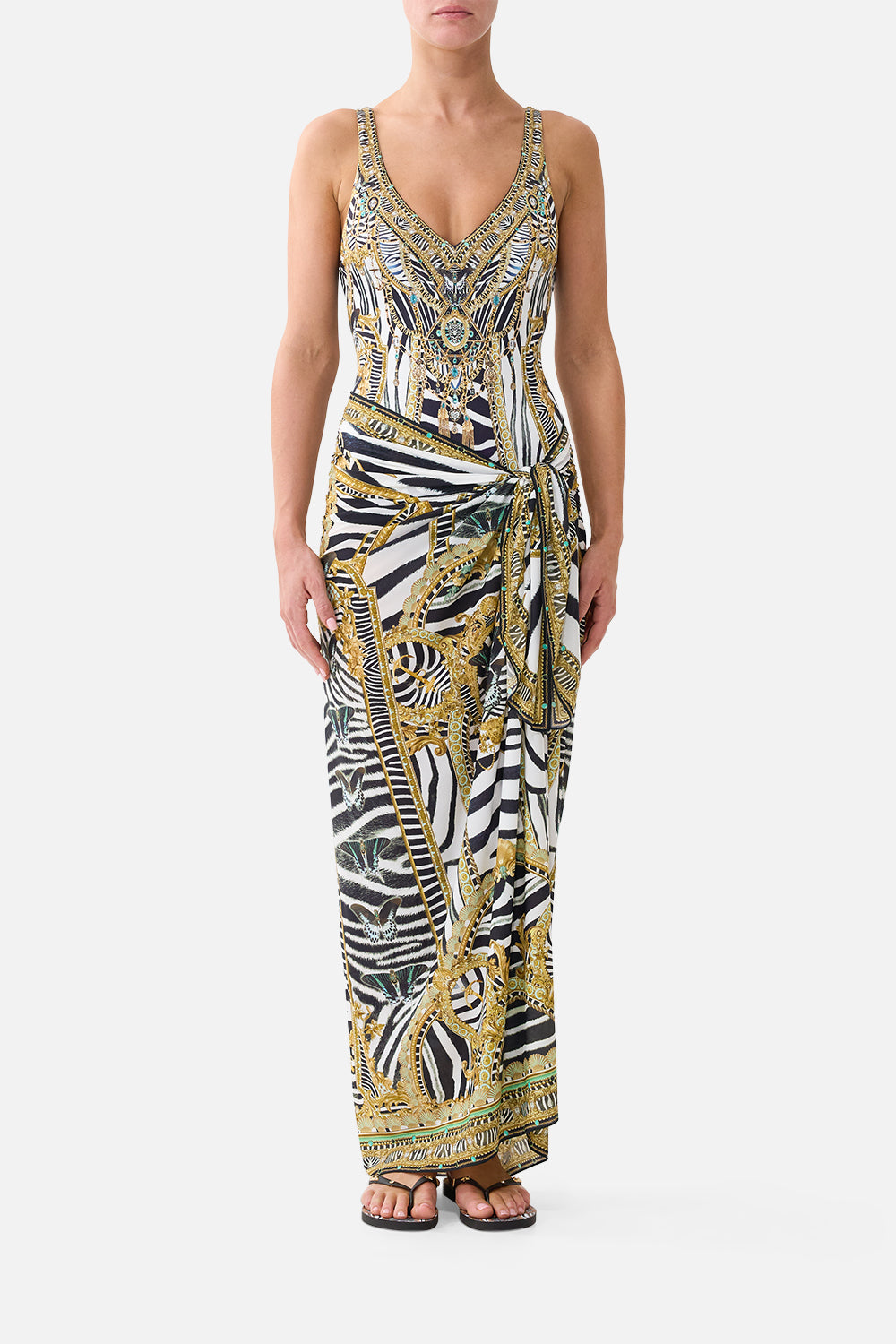 The CAMILLA Multi Wear Long Sarong in our Zig Zag Zoo print, front view on model.