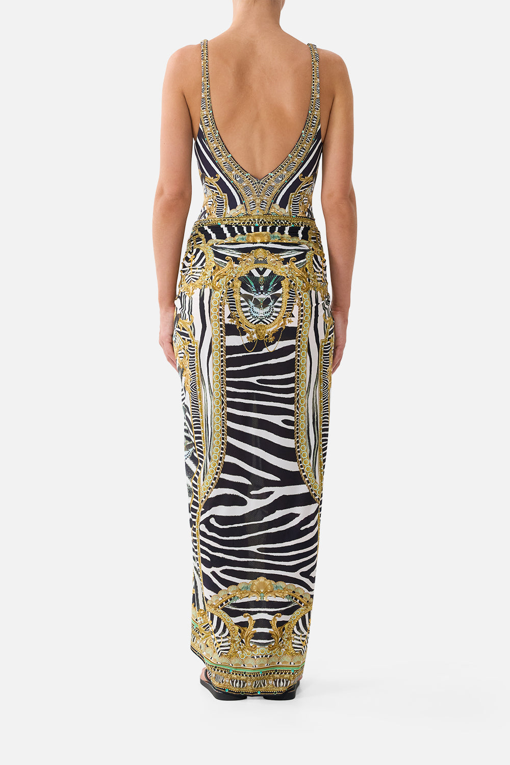 The CAMILLA Multi Wear Long Sarong in our Zig Zag Zoo print, back view on model.