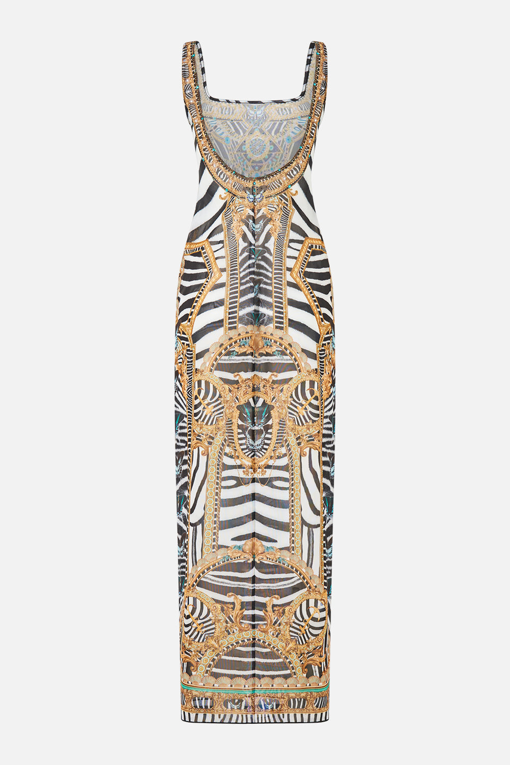 The CAMILLA Square Neck Beach Maxi Dress W Low Back in our Zig Zag Zoo print, back view.