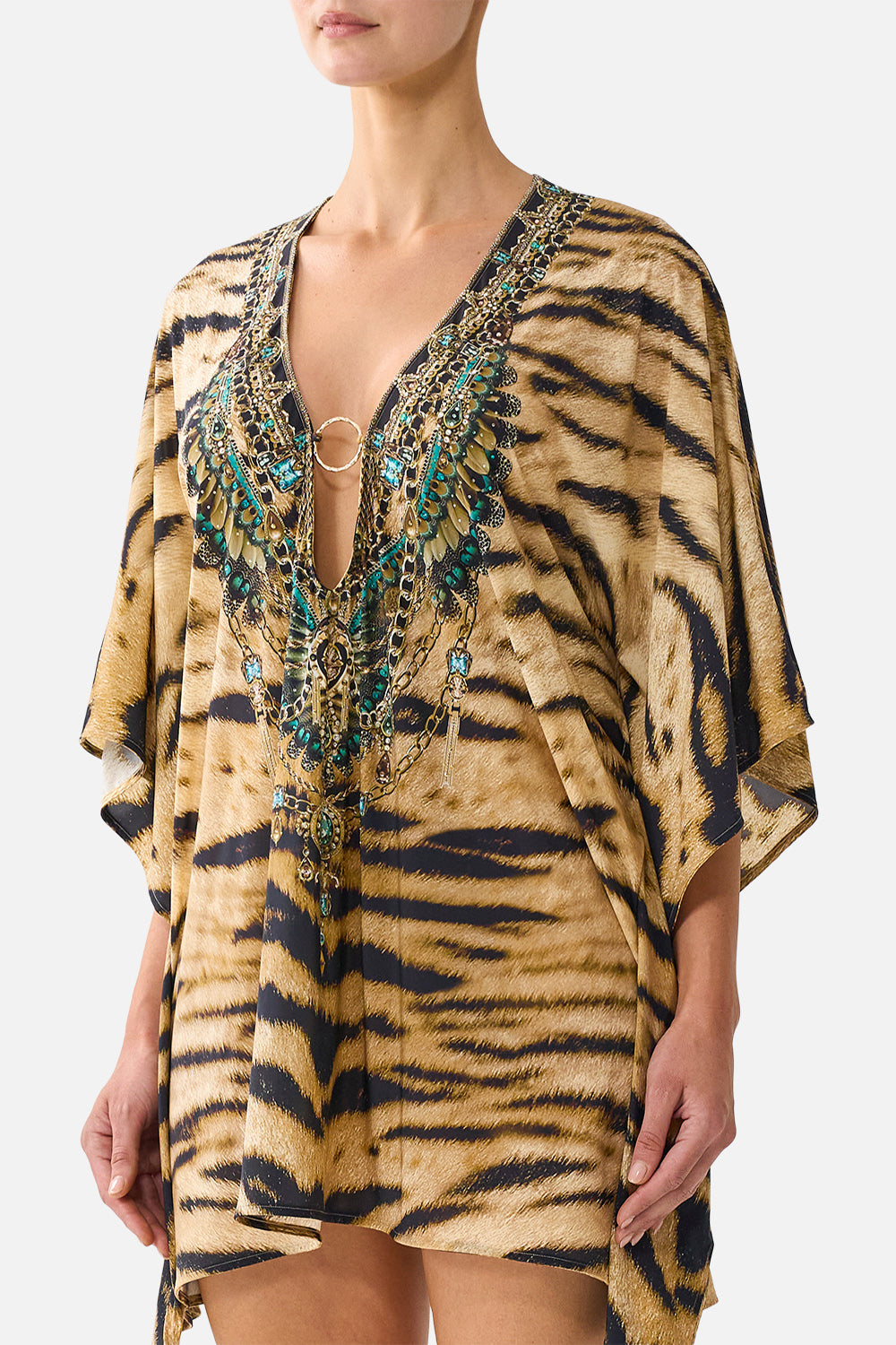 SHORT V NECK KAFTAN W RING FRONT TRIM A WINK TO THE WILD