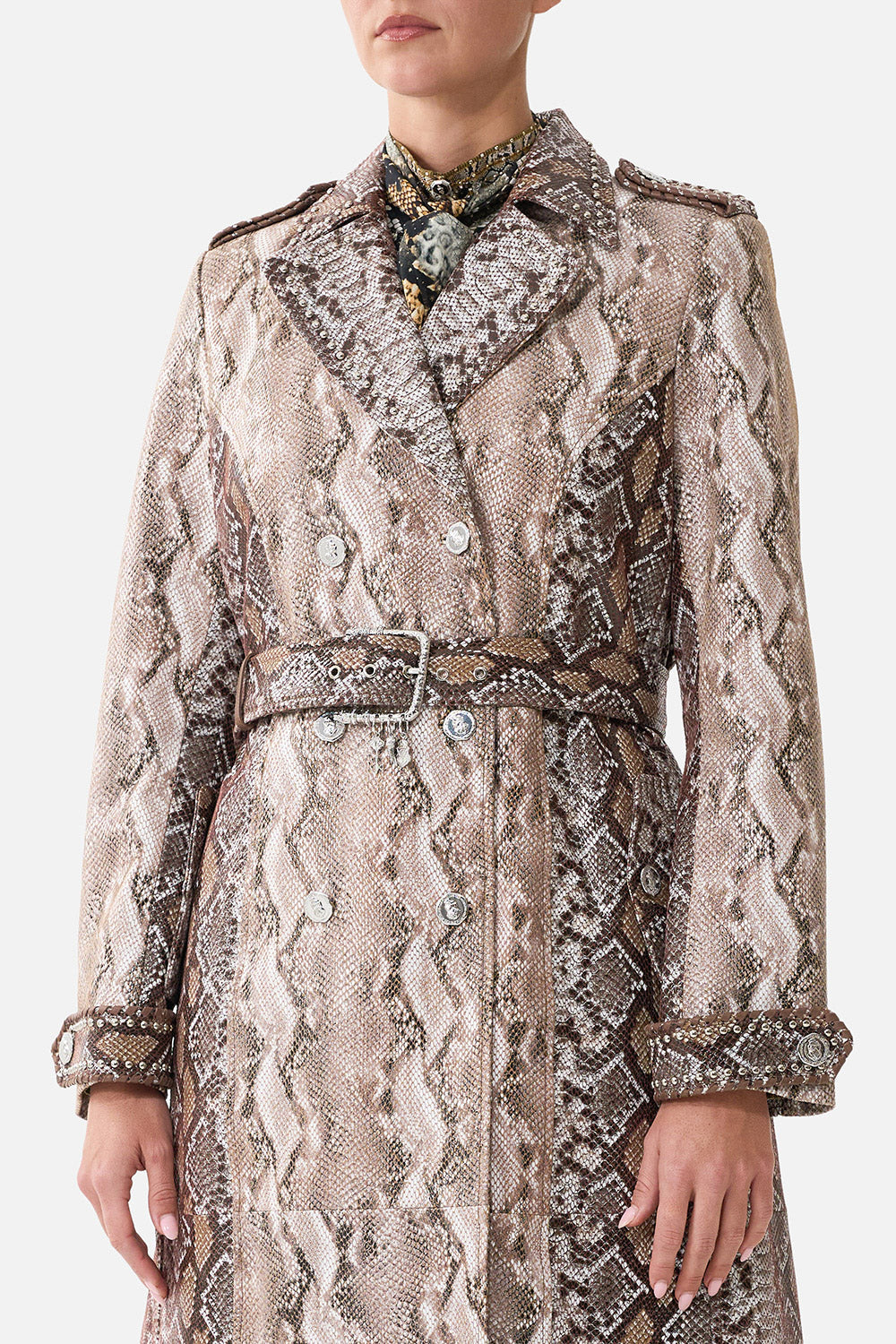 The CAMILLA Leather Trench Coat in Print Animalia Heirlooms. Model View