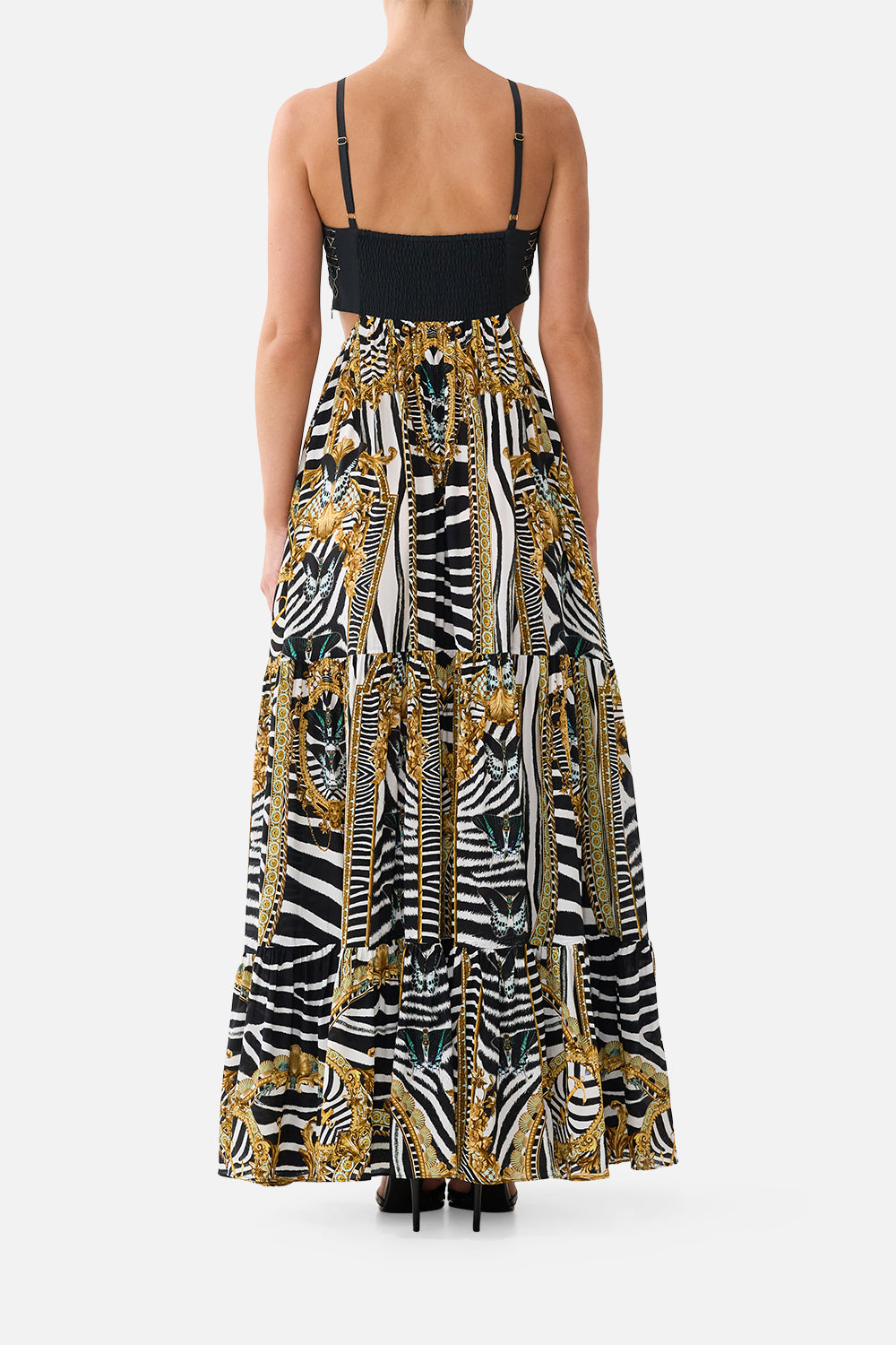 The CAMILLA Gathered Cut Out Dress in our Zig Zag Zoo print, back view on model.