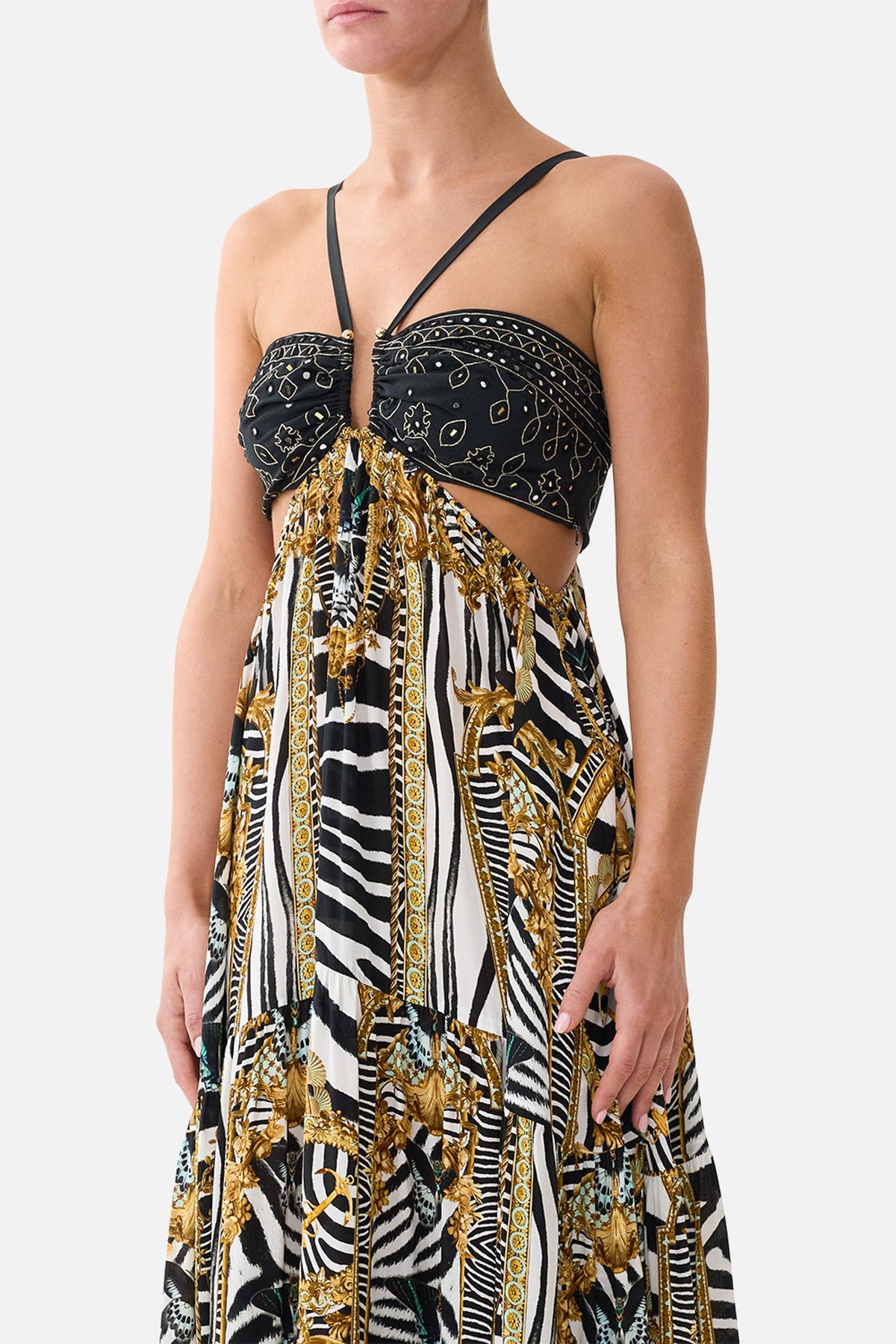 The CAMILLA Gathered Cut Out Dress in our Zig Zag Zoo print, detail view on model.