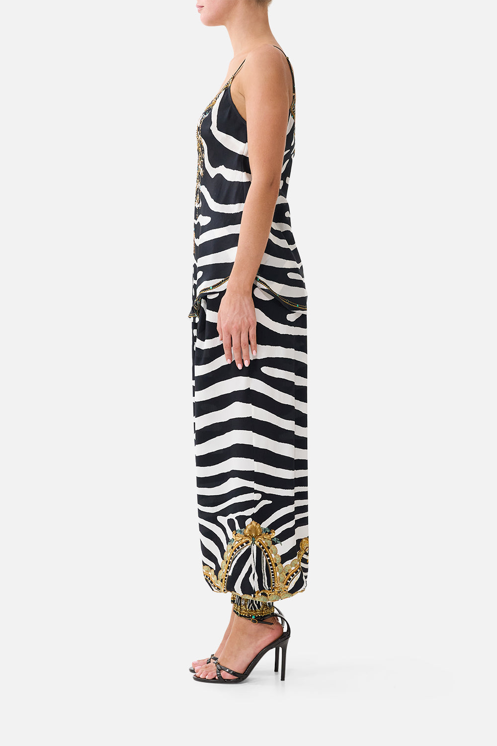 The CAMILLA V-Neck Bias Cami in our Zig Zag Zoo print, side view on model.