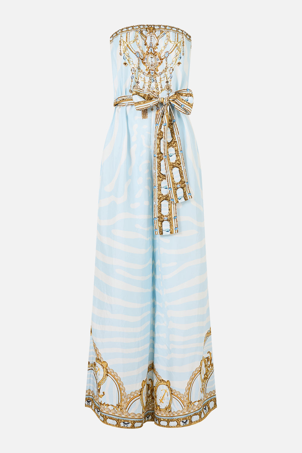 The CAMILLA Tie Waist Strapless Jumpsuit in our Spirit of Stripes print, front view.