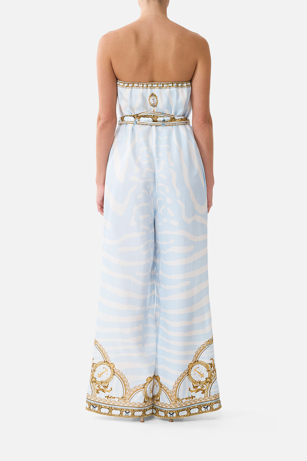 The CAMILLA Tie Waist Strapless Jumpsuit in our Spirit of Stripes print, back view on model.