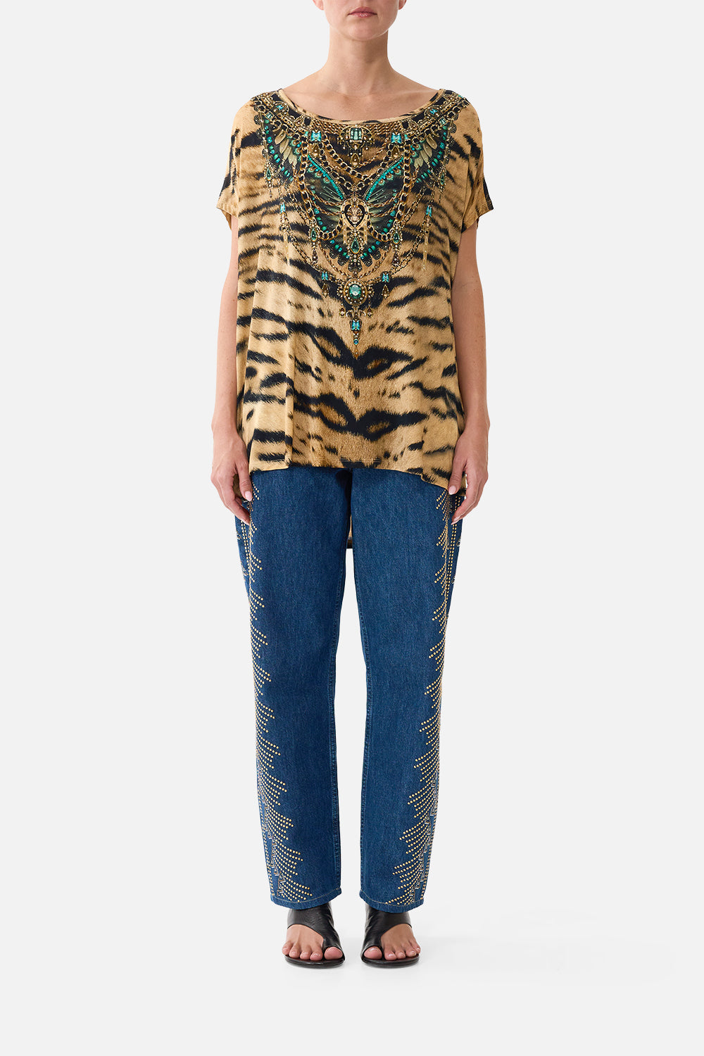 The CAMILLA Loose Fit Tee in our A Wink to the Wild print, front view on model.
